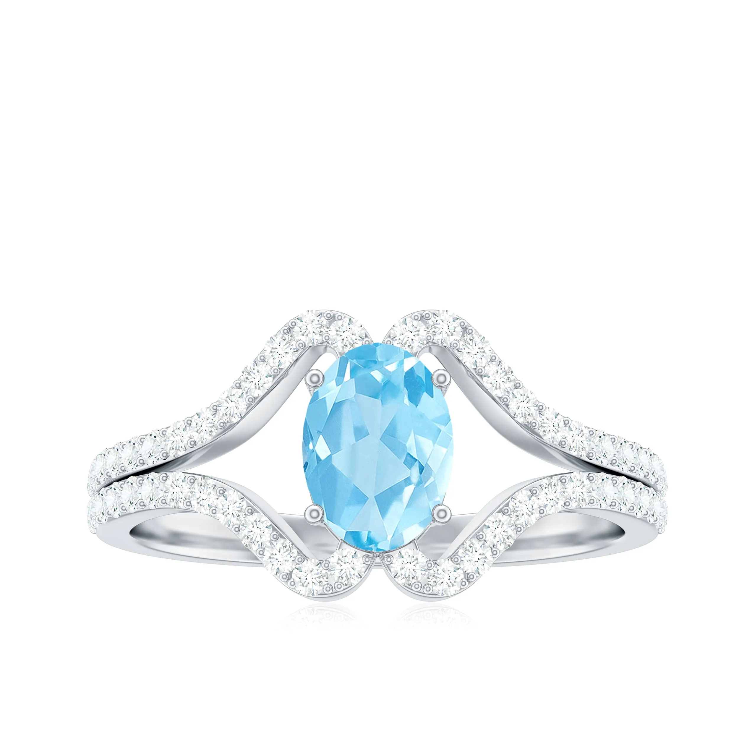 Oval Aquamarine Split Shank Engagement Ring with Diamond