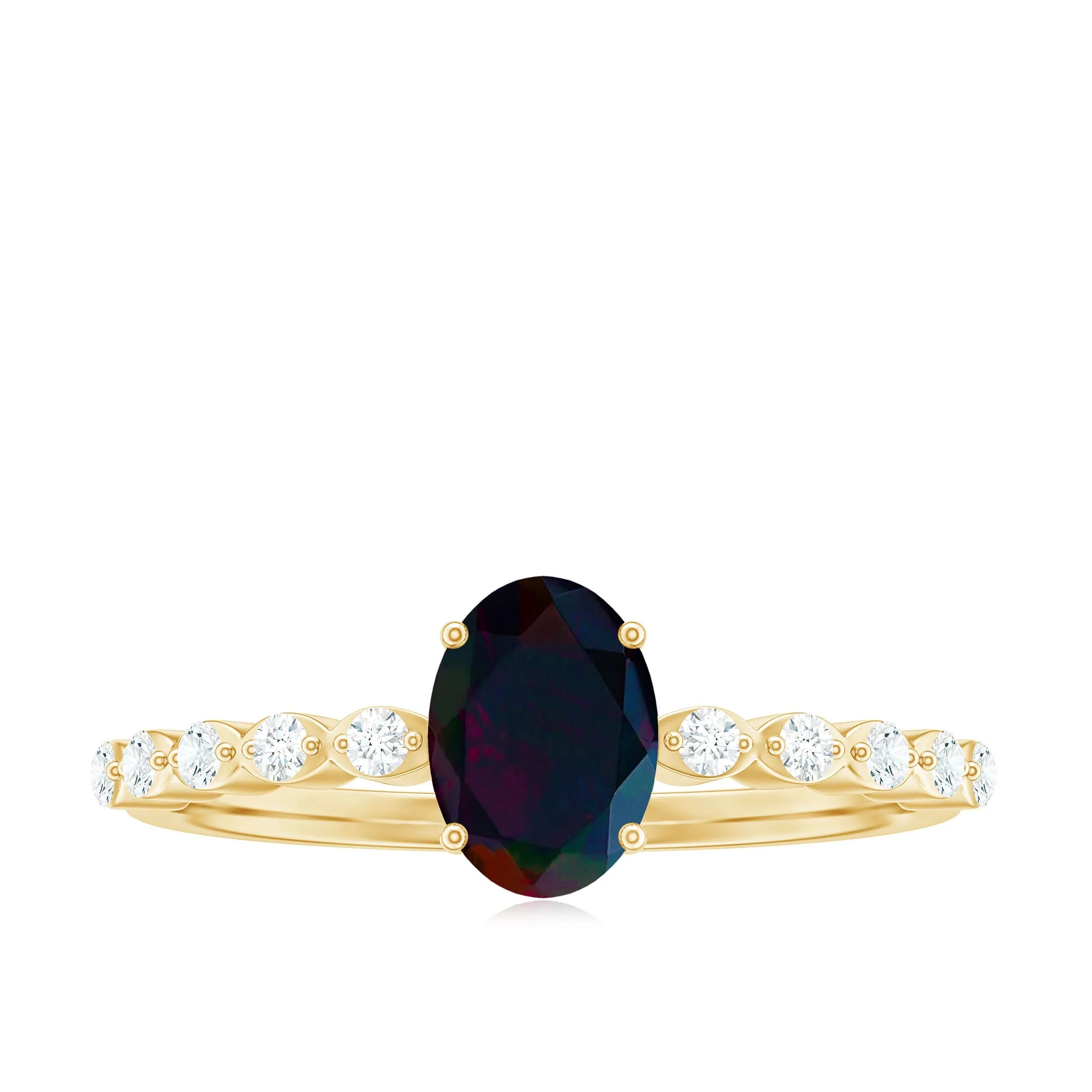 Oval Black Opal Solitaire Engagement Ring with Diamond