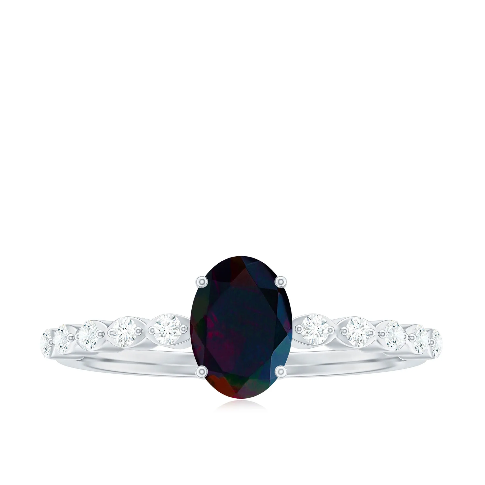 Oval Black Opal Solitaire Engagement Ring with Diamond