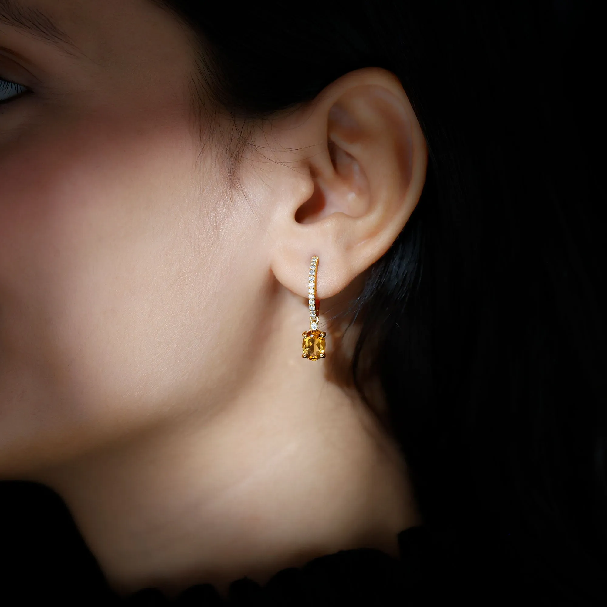 Oval Shape Citrine Drop Earrings with Diamond
