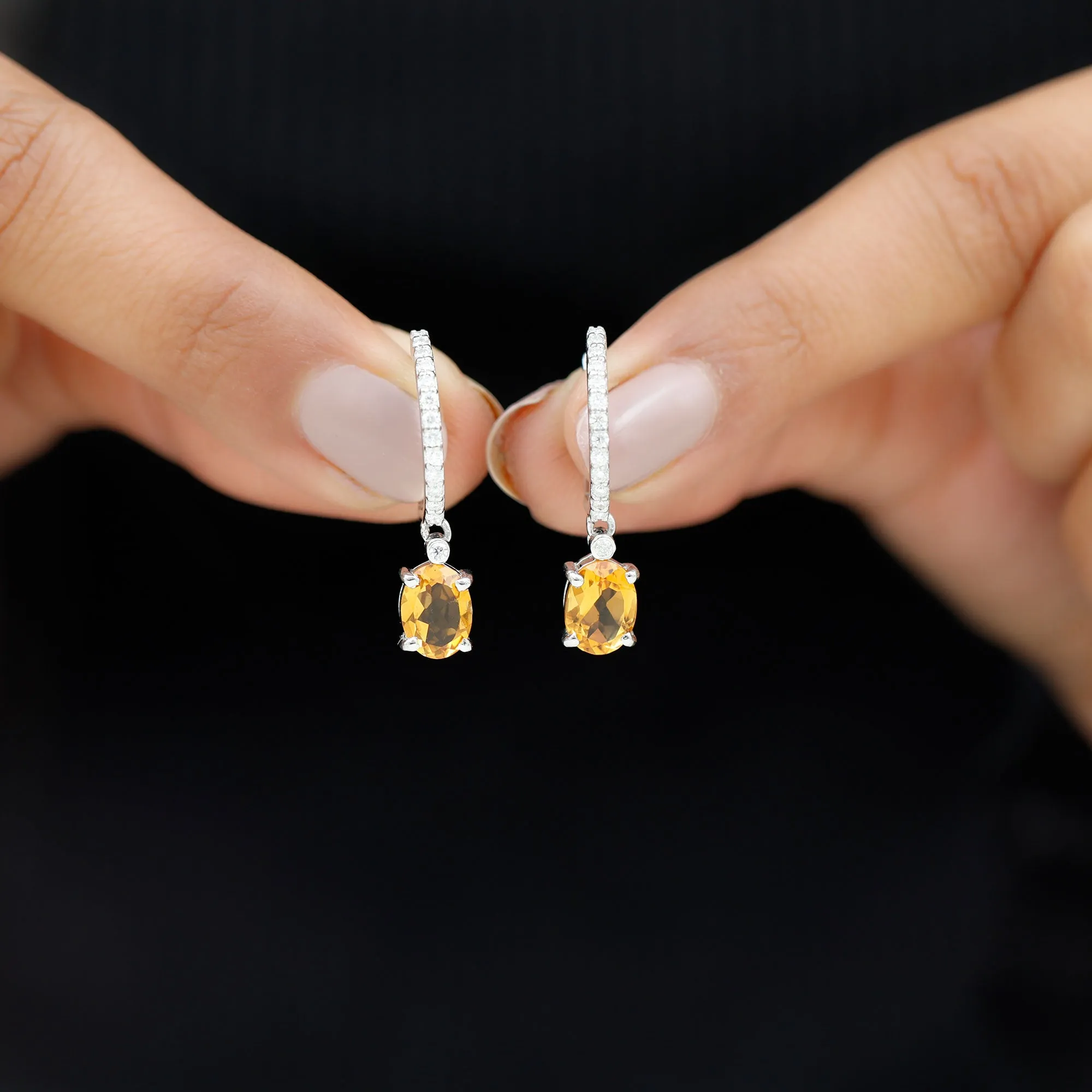 Oval Shape Citrine Drop Earrings with Diamond