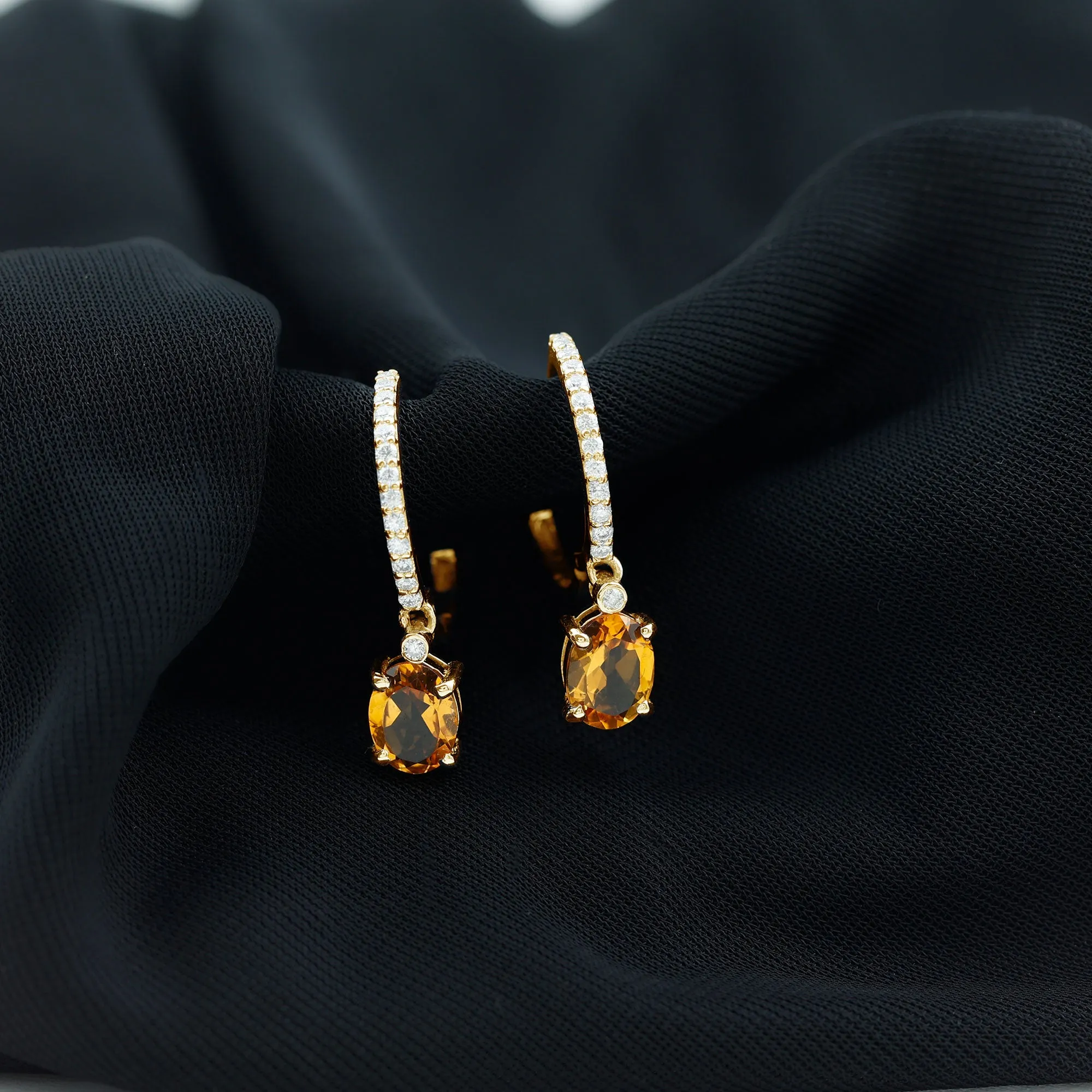 Oval Shape Citrine Drop Earrings with Diamond