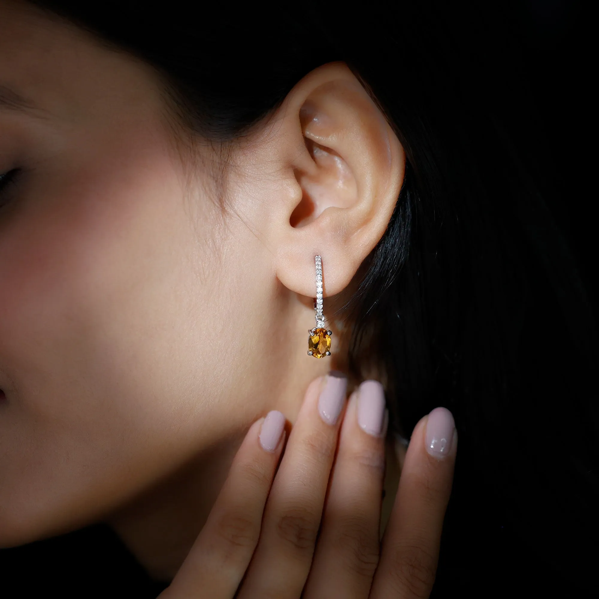 Oval Shape Citrine Drop Earrings with Diamond