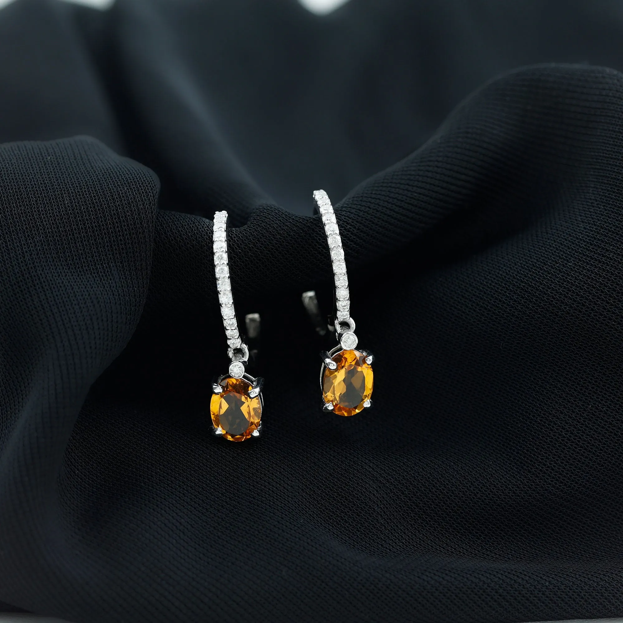 Oval Shape Citrine Drop Earrings with Diamond