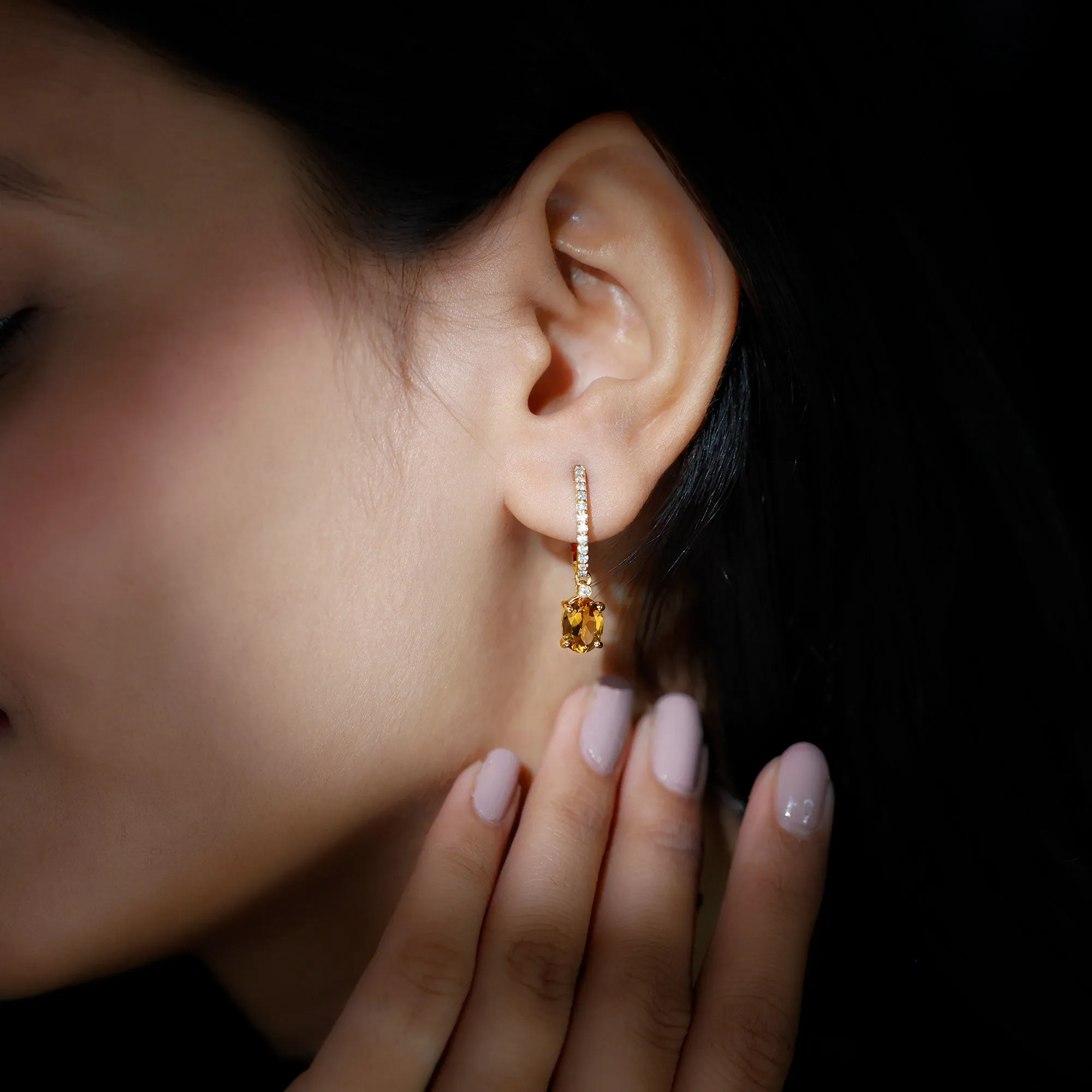 Oval Shape Citrine Drop Earrings with Diamond