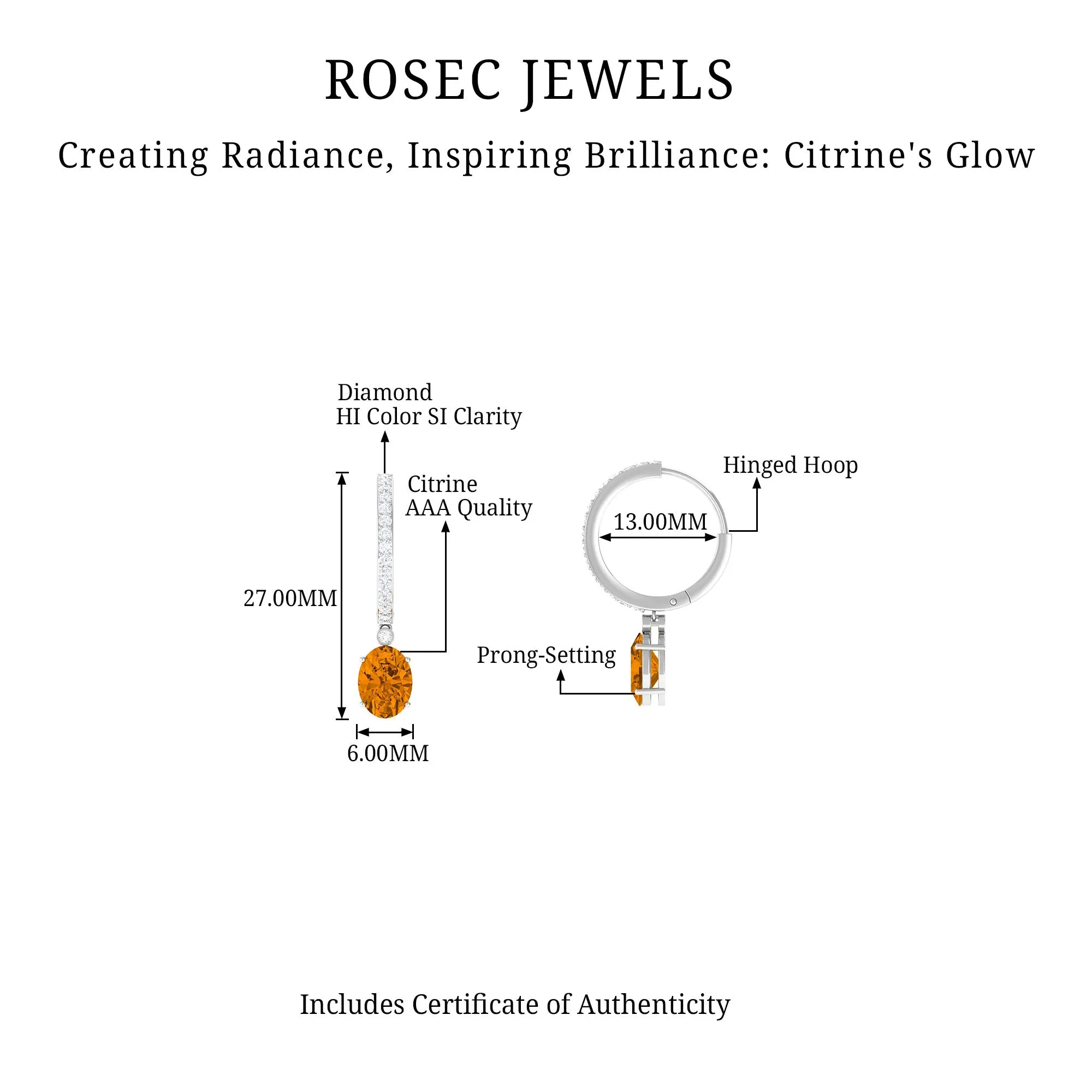 Oval Shape Citrine Drop Earrings with Diamond