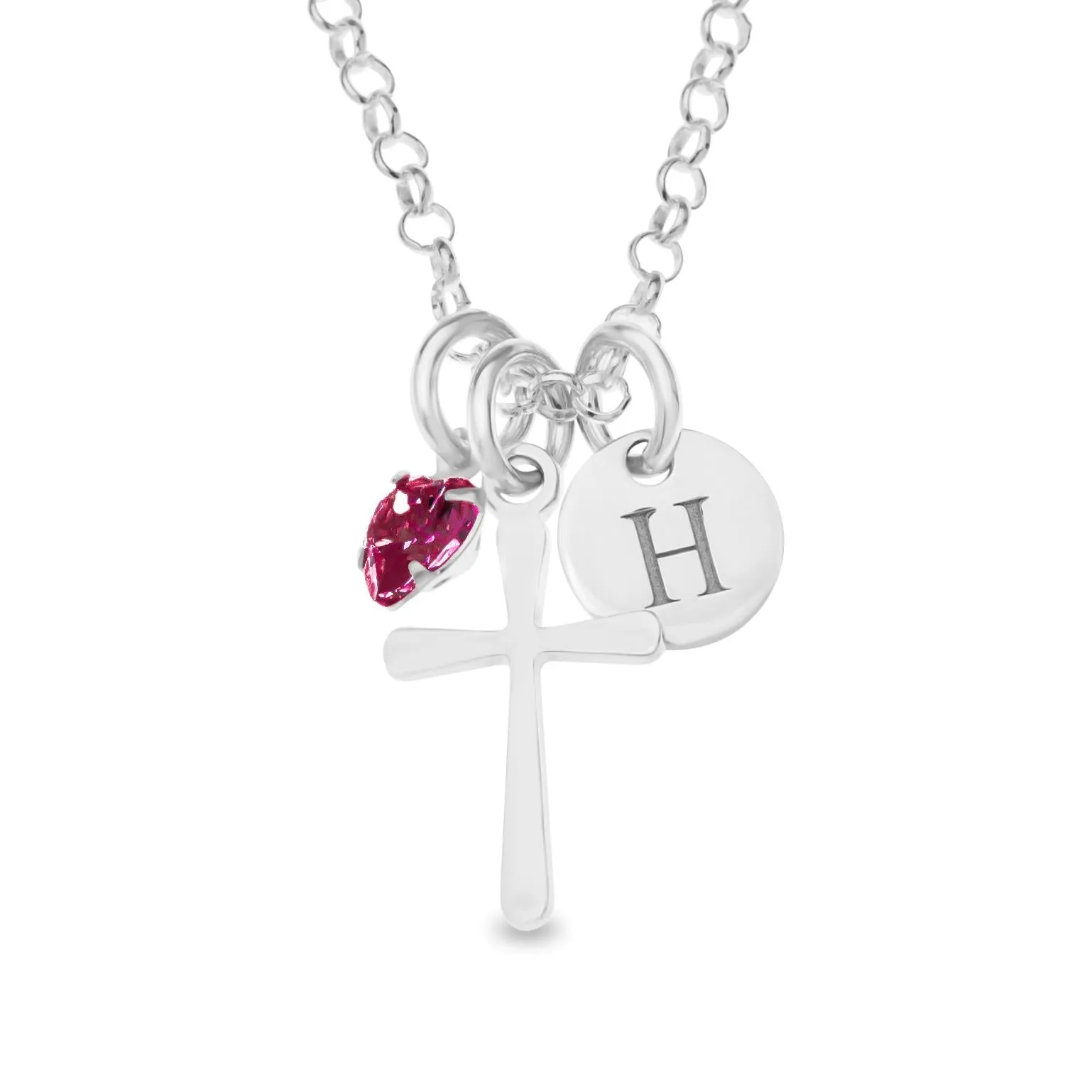 Personalised Sterling Silver Birthstone Cross and Initial Coin Necklace