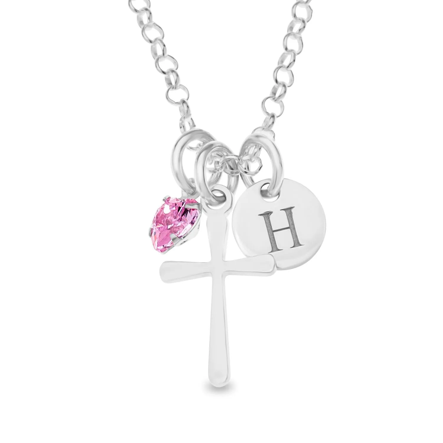 Personalised Sterling Silver Birthstone Cross and Initial Coin Necklace