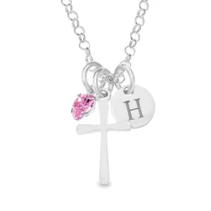 Personalised Sterling Silver Birthstone Cross and Initial Coin Necklace