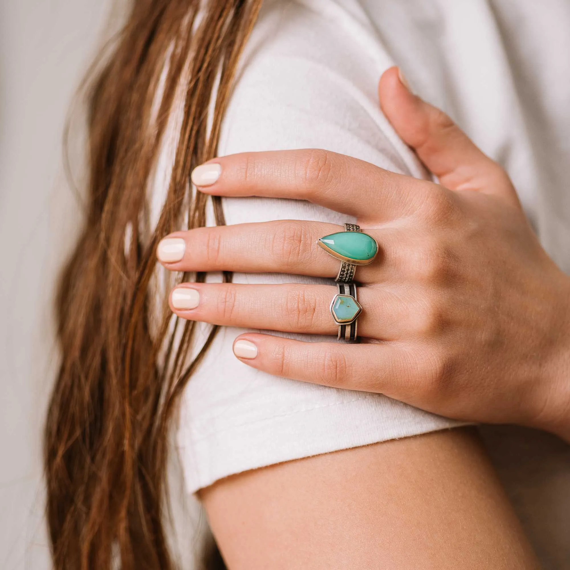 Peruvian Opal Shield Mixed Metal Ring on Double Channel Band