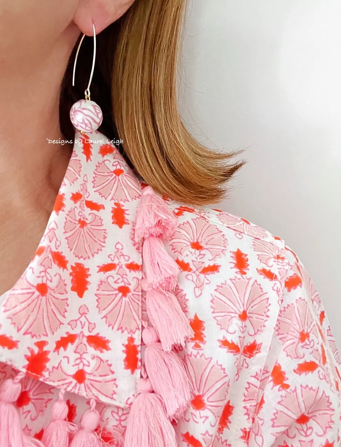 Pink & White Chinoiserie Floral Drop Earrings