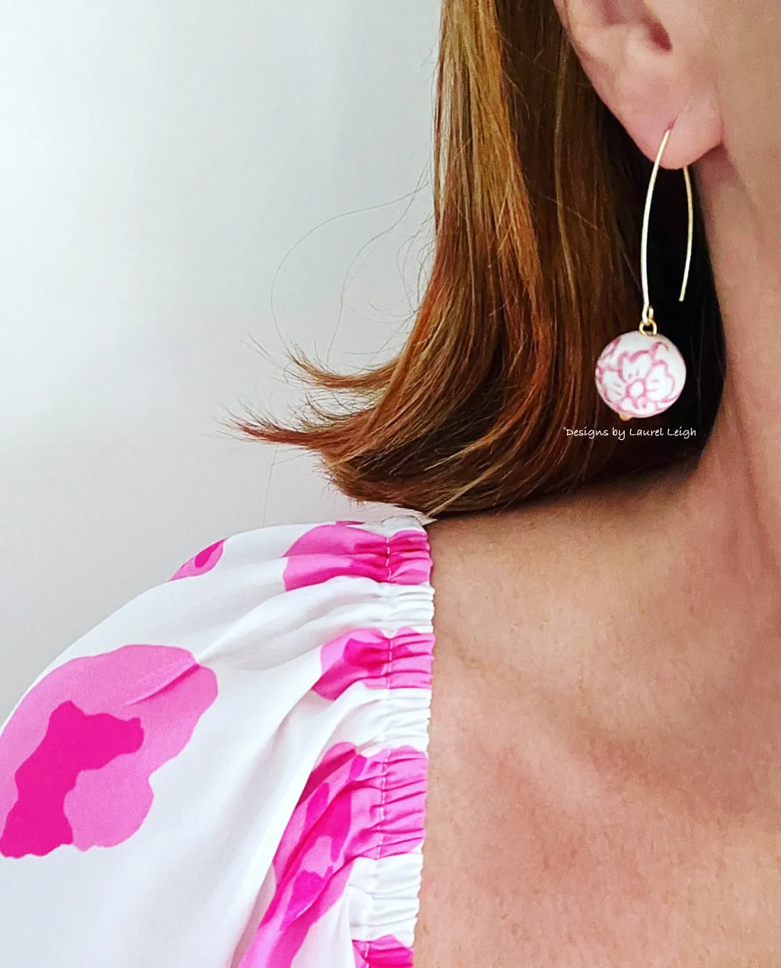 Pink & White Chinoiserie Floral Drop Earrings