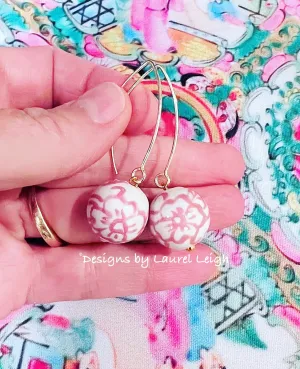 Pink & White Chinoiserie Floral Drop Earrings