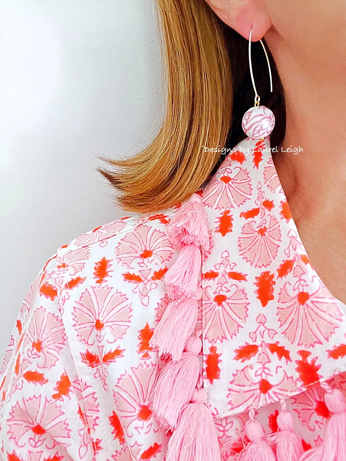 Pink & White Chinoiserie Floral Drop Earrings