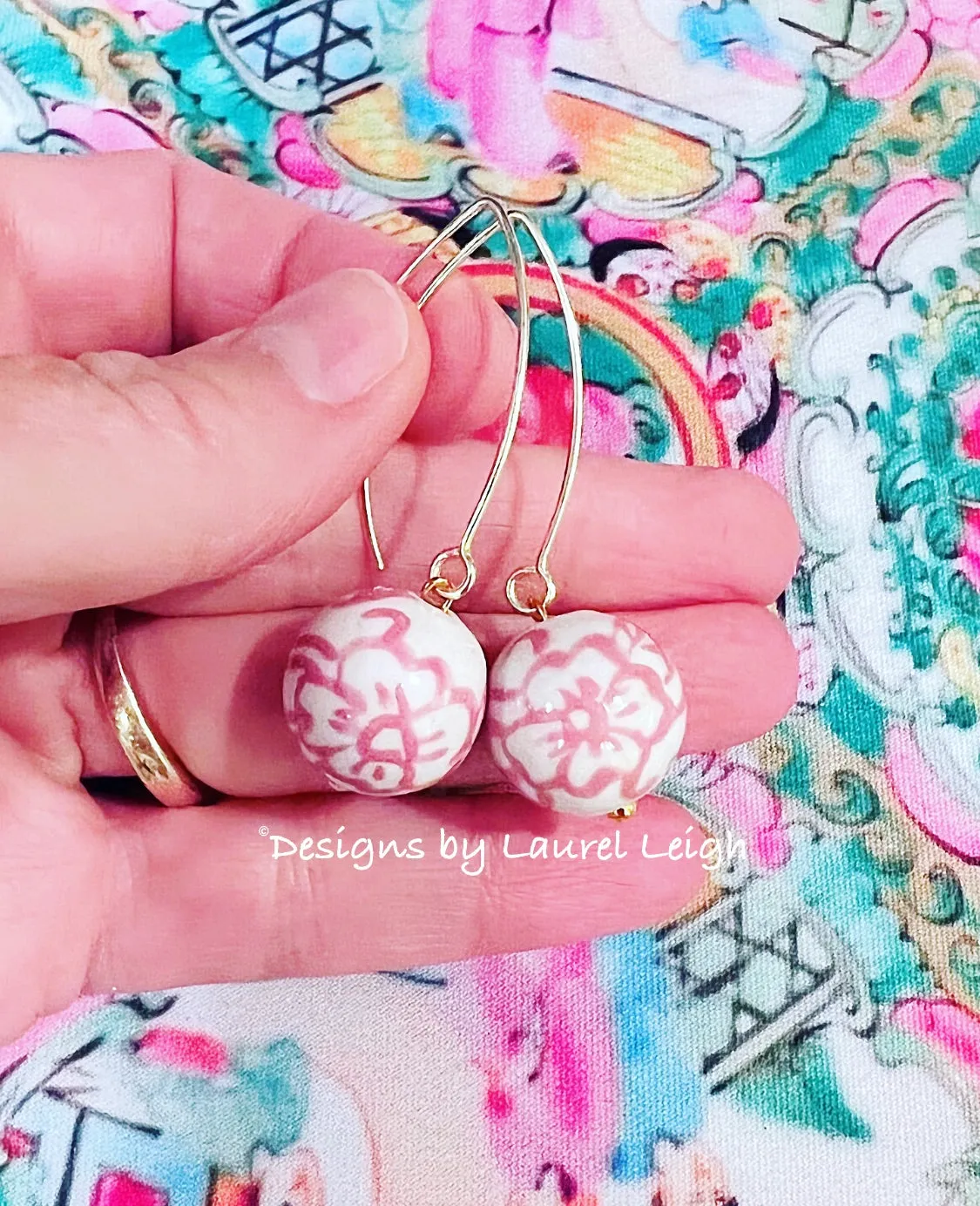 Pink & White Chinoiserie Floral Drop Earrings