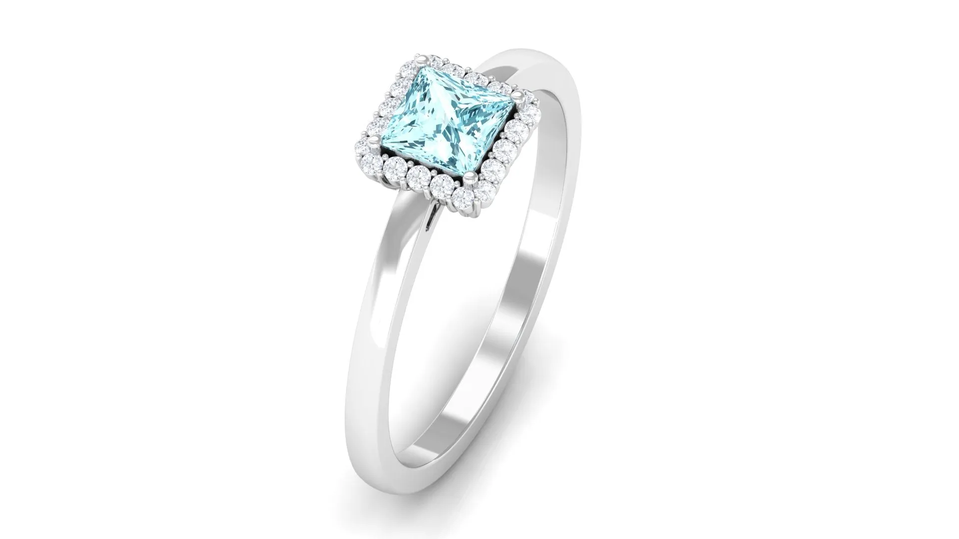 Princess Cut Aquamarine and Diamond Halo Engagement Ring