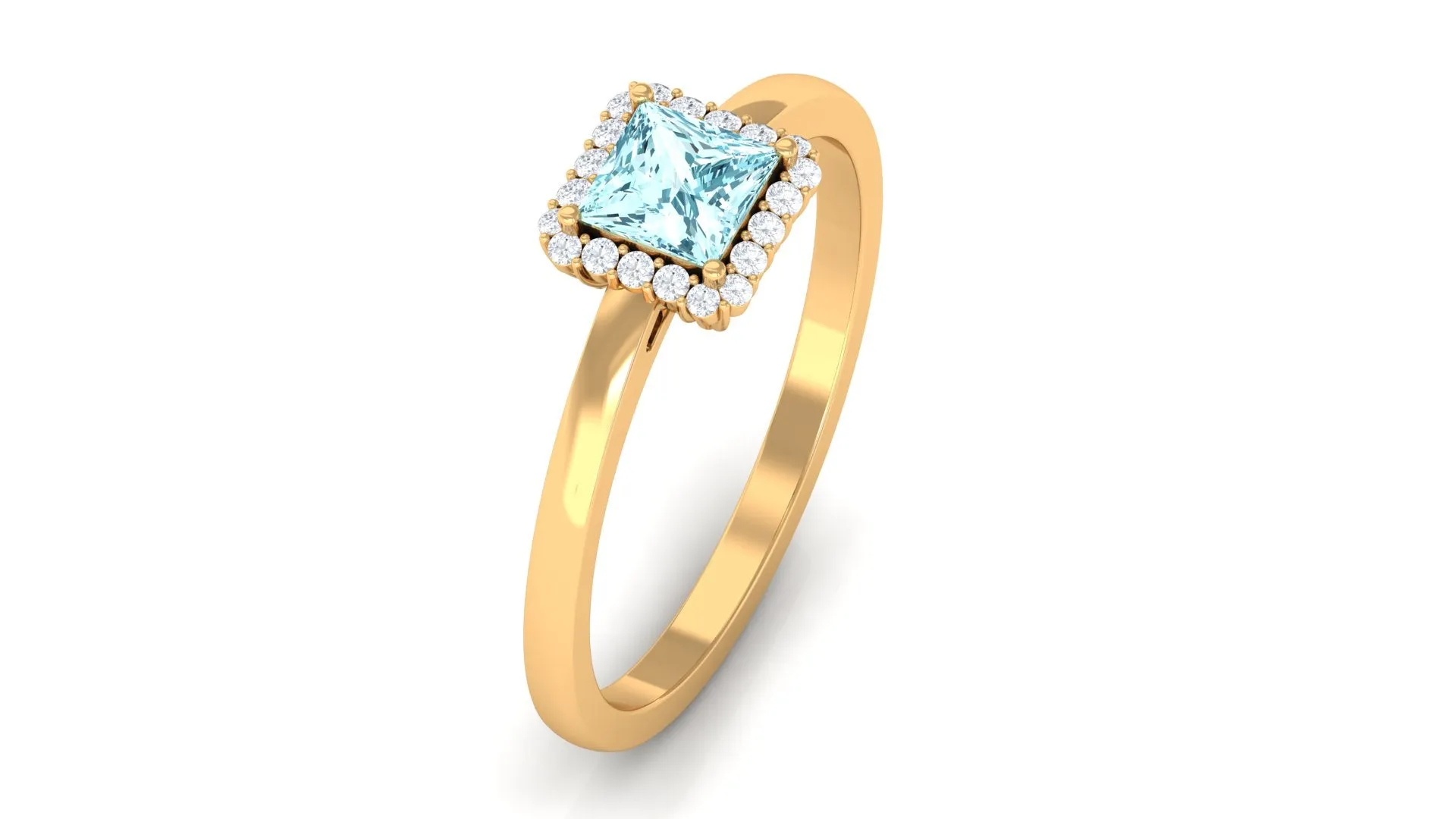 Princess Cut Aquamarine and Diamond Halo Engagement Ring