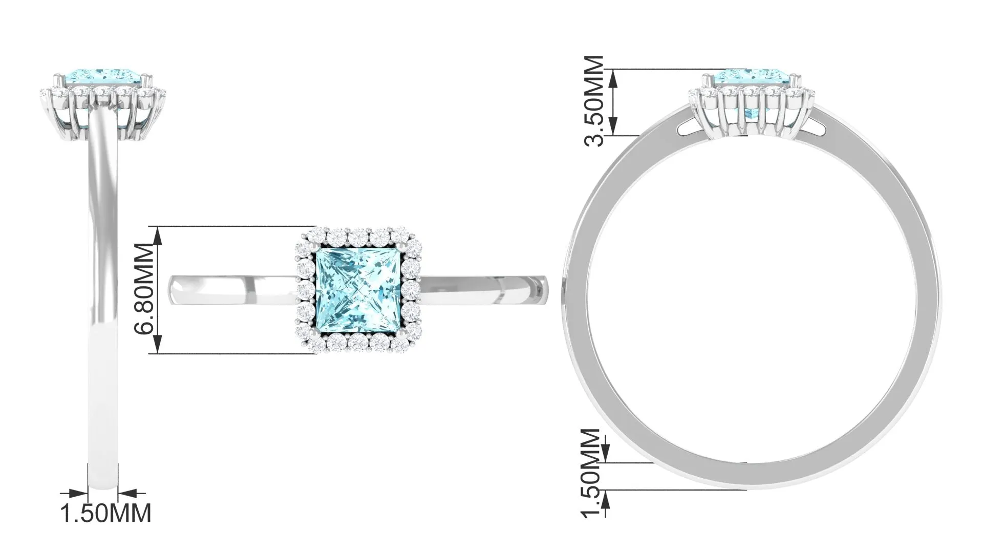 Princess Cut Aquamarine and Diamond Halo Engagement Ring