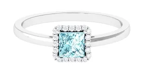 Princess Cut Aquamarine and Diamond Halo Engagement Ring