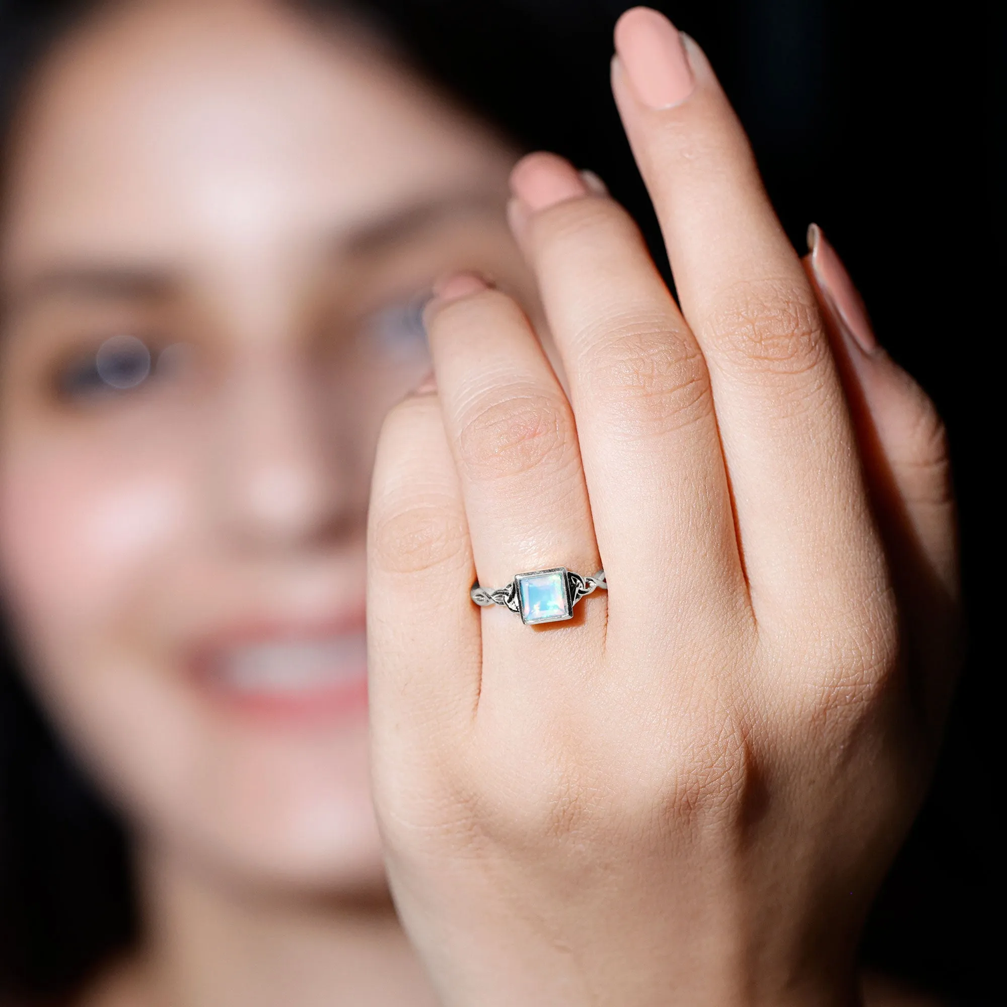Princess Cut Ethiopian Opal Celtic Solitaire Ring in Bezel Setting