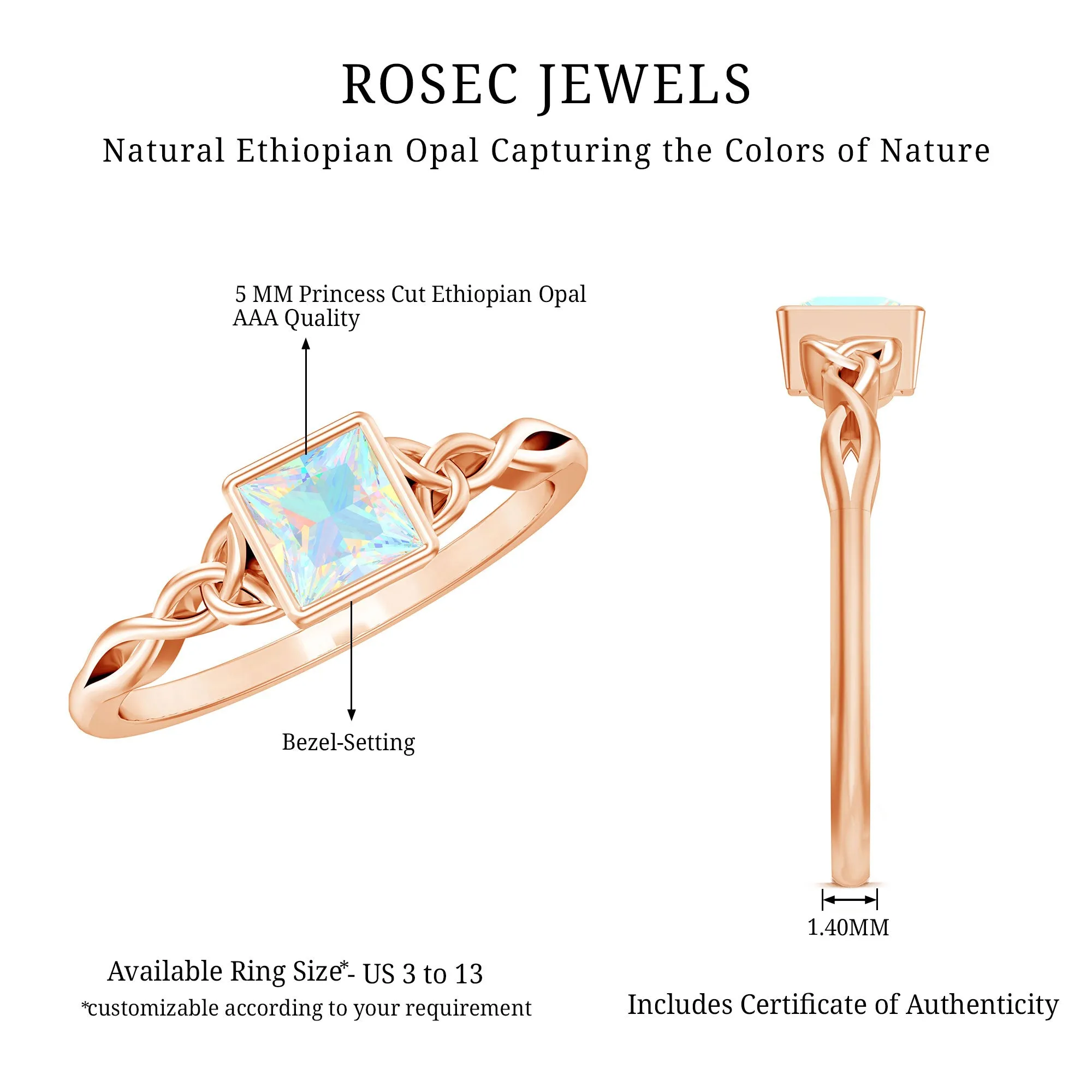 Princess Cut Ethiopian Opal Celtic Solitaire Ring in Bezel Setting