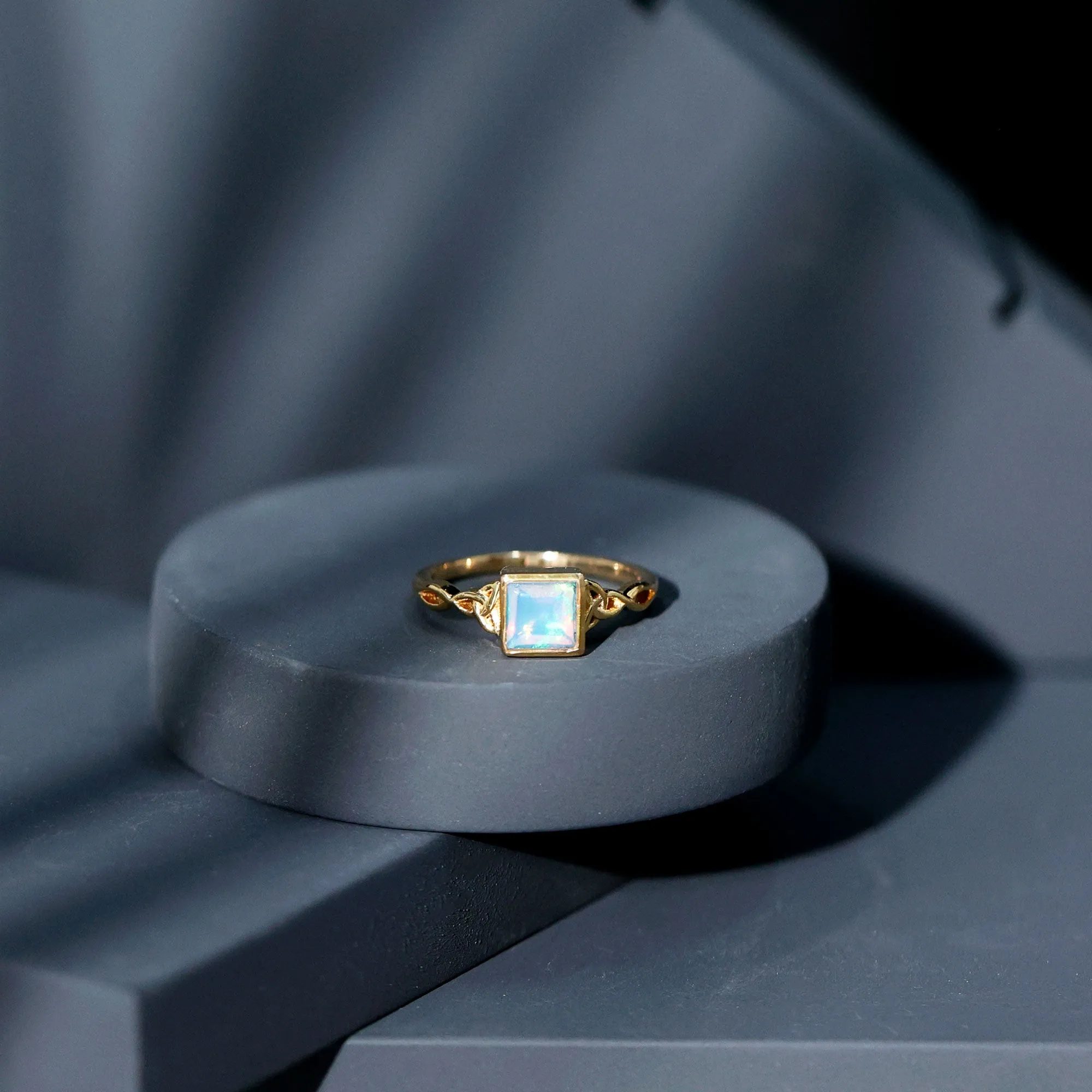 Princess Cut Ethiopian Opal Celtic Solitaire Ring in Bezel Setting