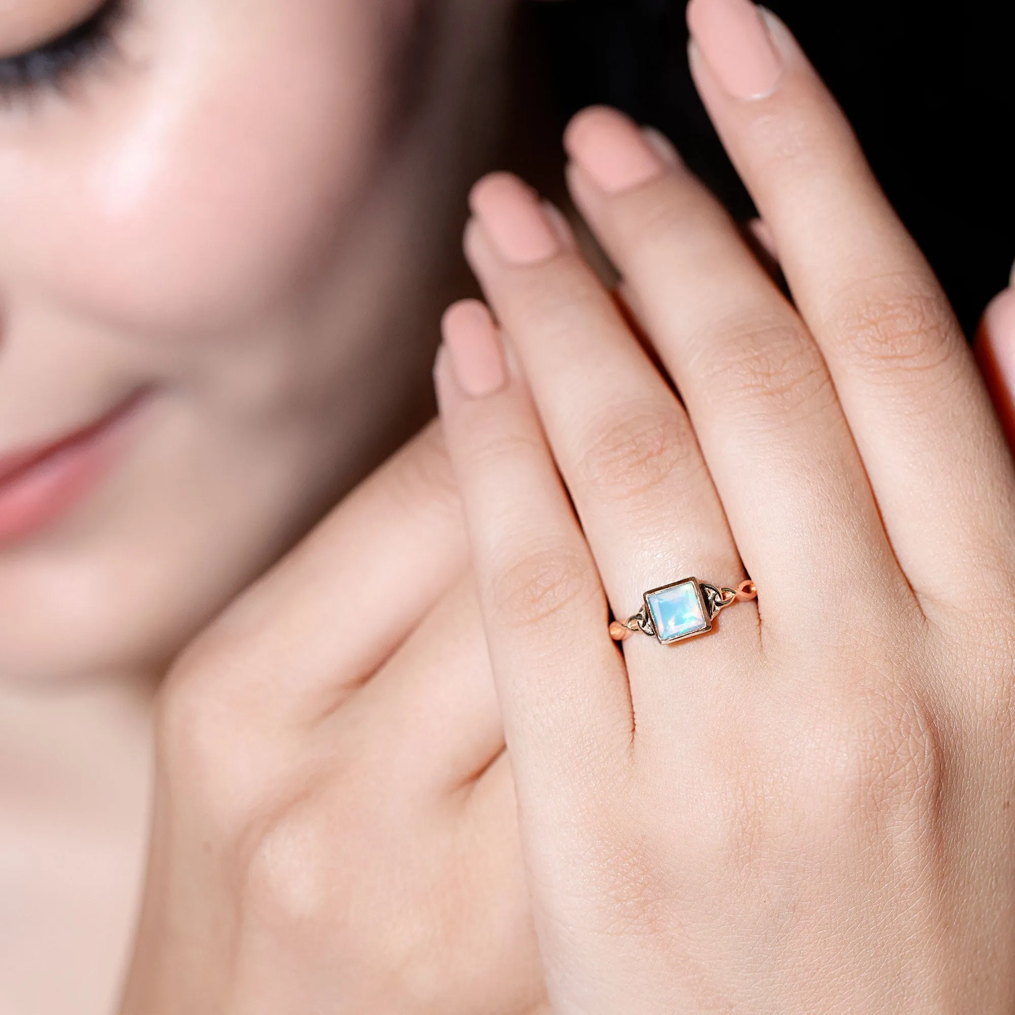 Princess Cut Ethiopian Opal Celtic Solitaire Ring in Bezel Setting