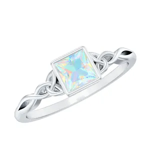 Princess Cut Ethiopian Opal Celtic Solitaire Ring in Bezel Setting