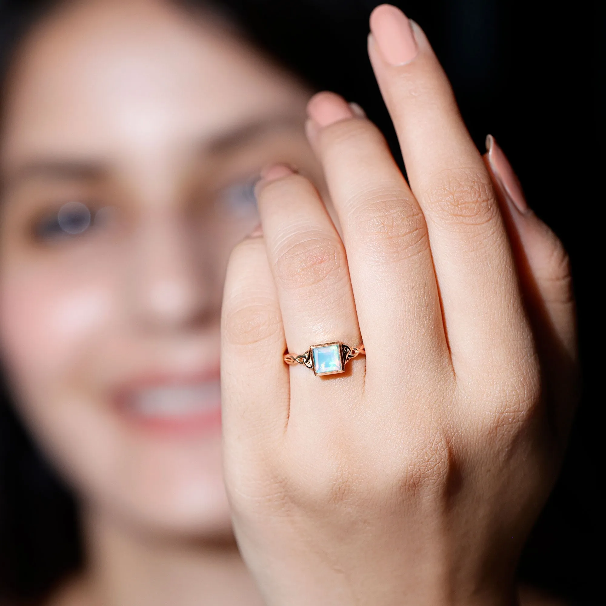 Princess Cut Ethiopian Opal Celtic Solitaire Ring in Bezel Setting