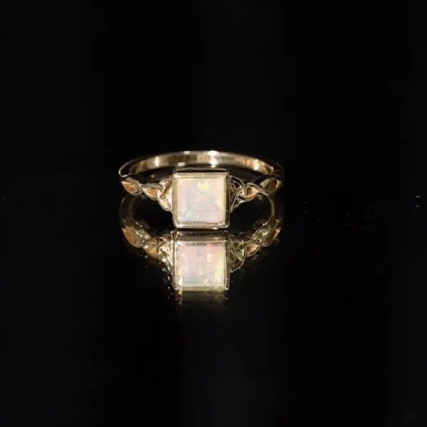 Princess Cut Ethiopian Opal Celtic Solitaire Ring in Bezel Setting