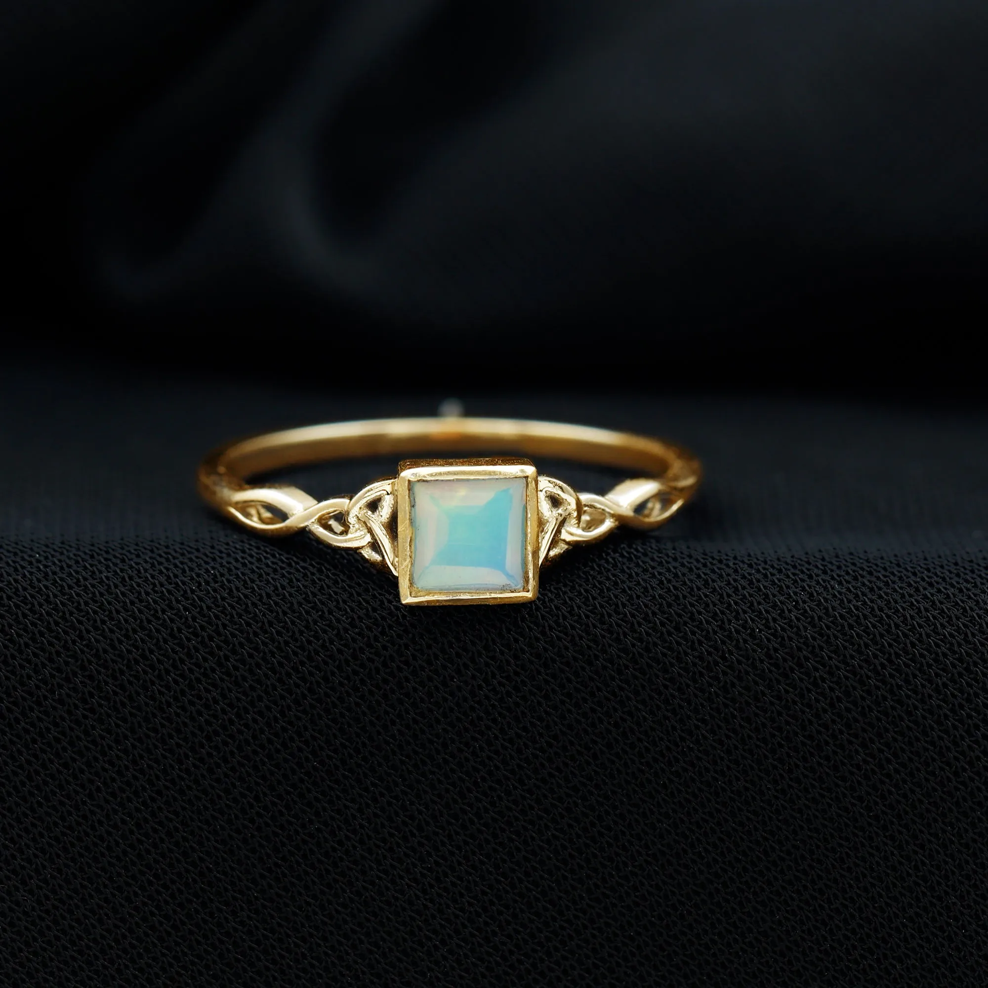 Princess Cut Ethiopian Opal Celtic Solitaire Ring in Bezel Setting