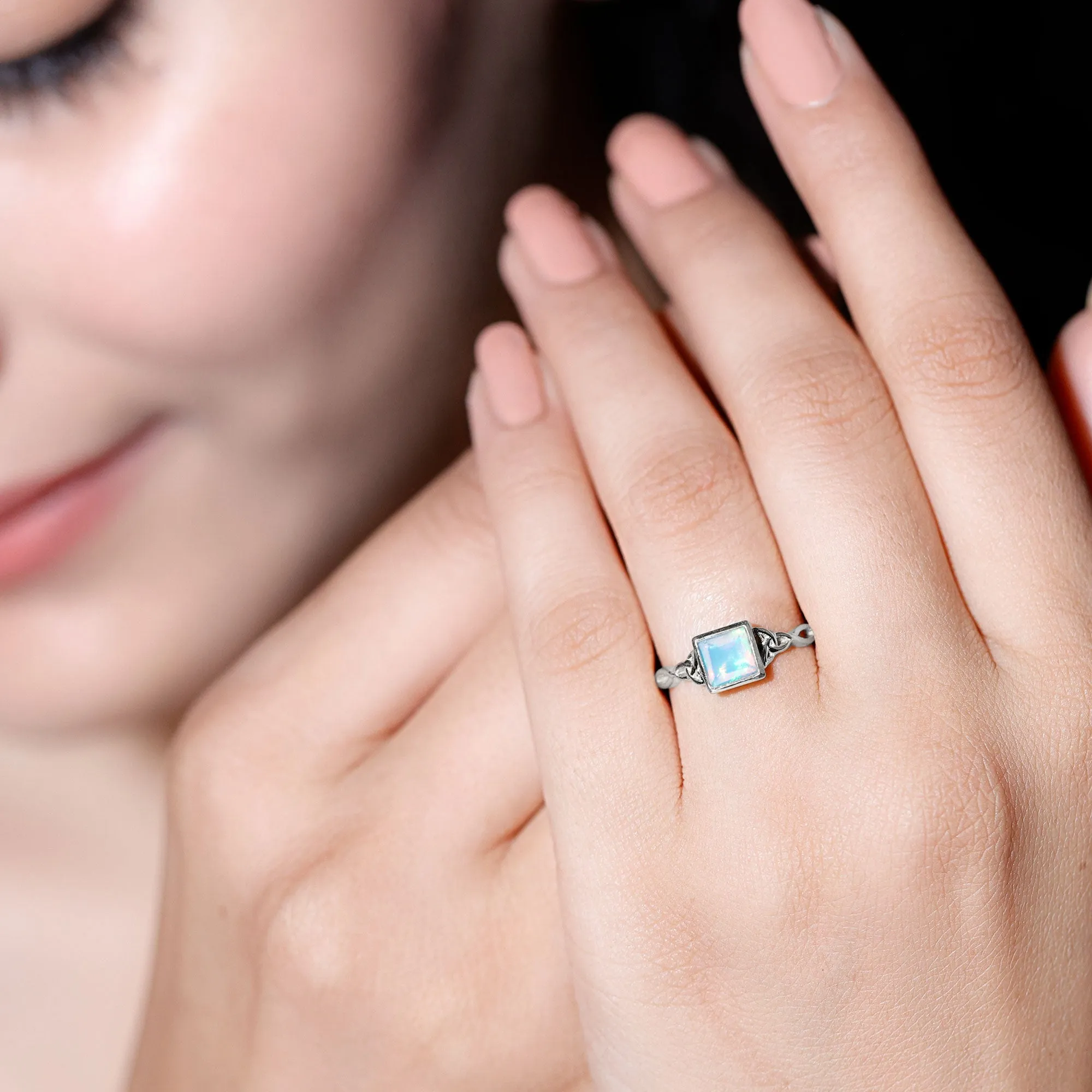 Princess Cut Ethiopian Opal Celtic Solitaire Ring in Bezel Setting