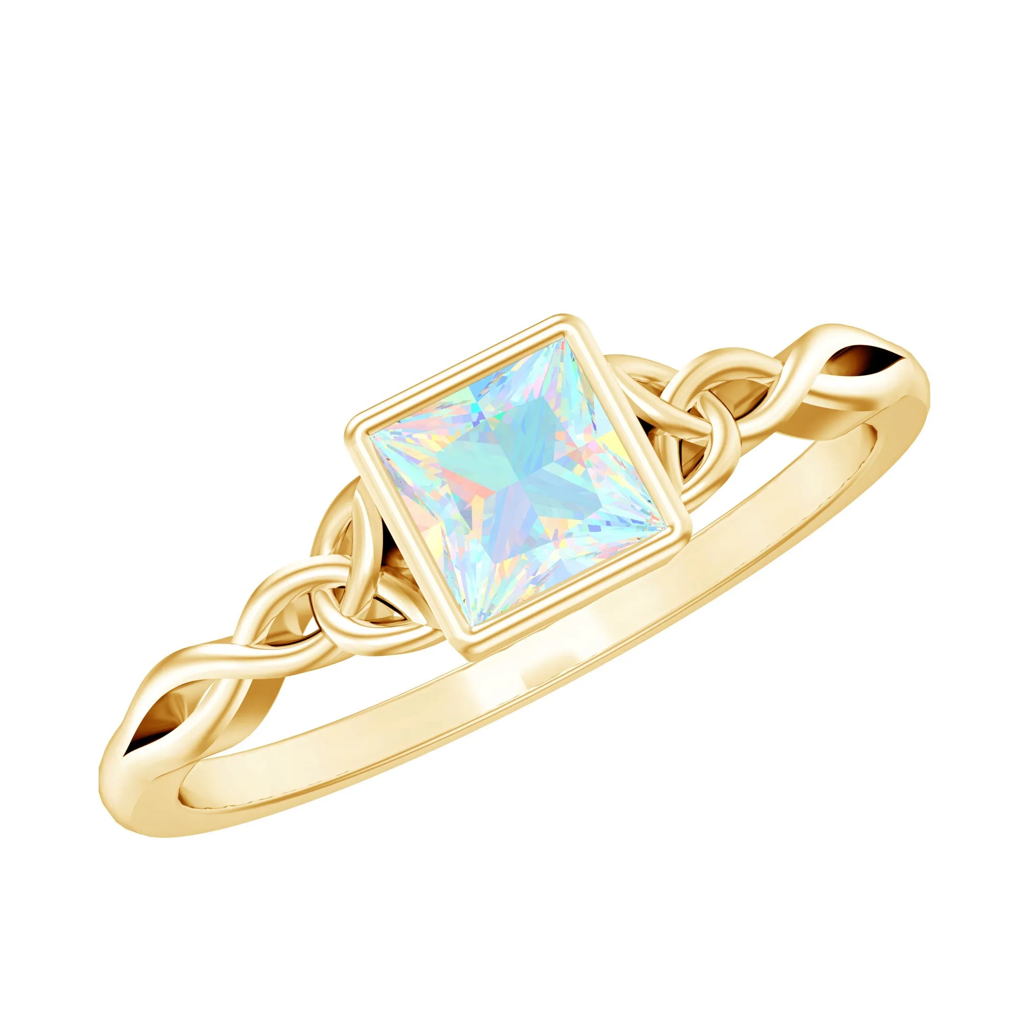 Princess Cut Ethiopian Opal Celtic Solitaire Ring in Bezel Setting