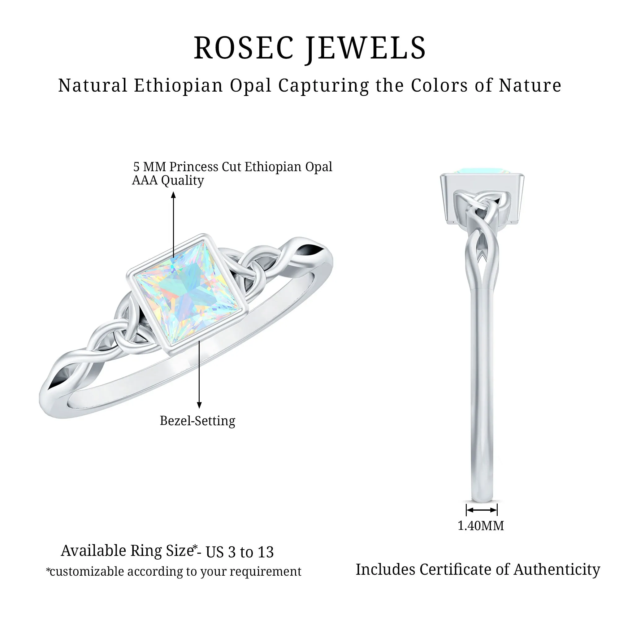 Princess Cut Ethiopian Opal Celtic Solitaire Ring in Bezel Setting