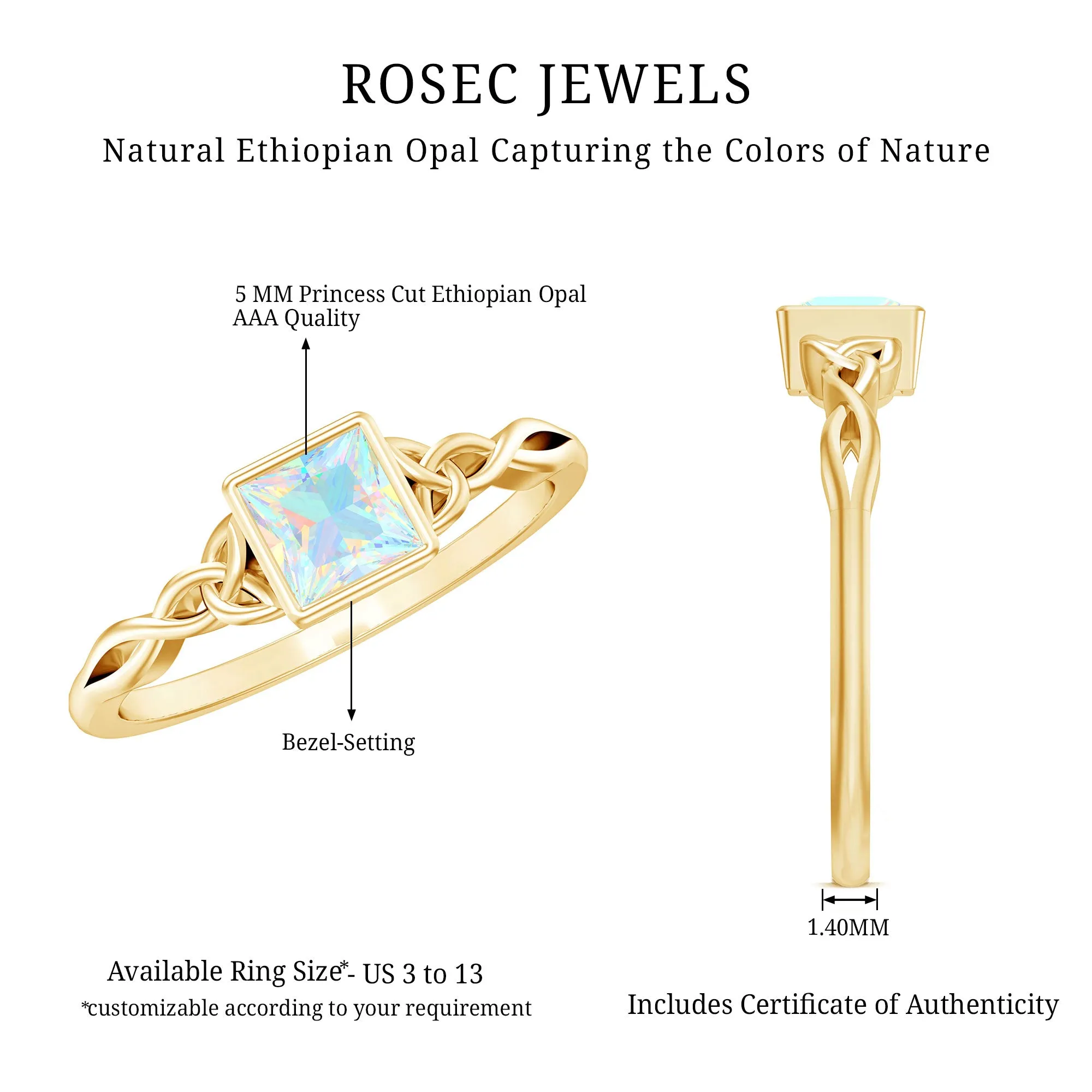 Princess Cut Ethiopian Opal Celtic Solitaire Ring in Bezel Setting