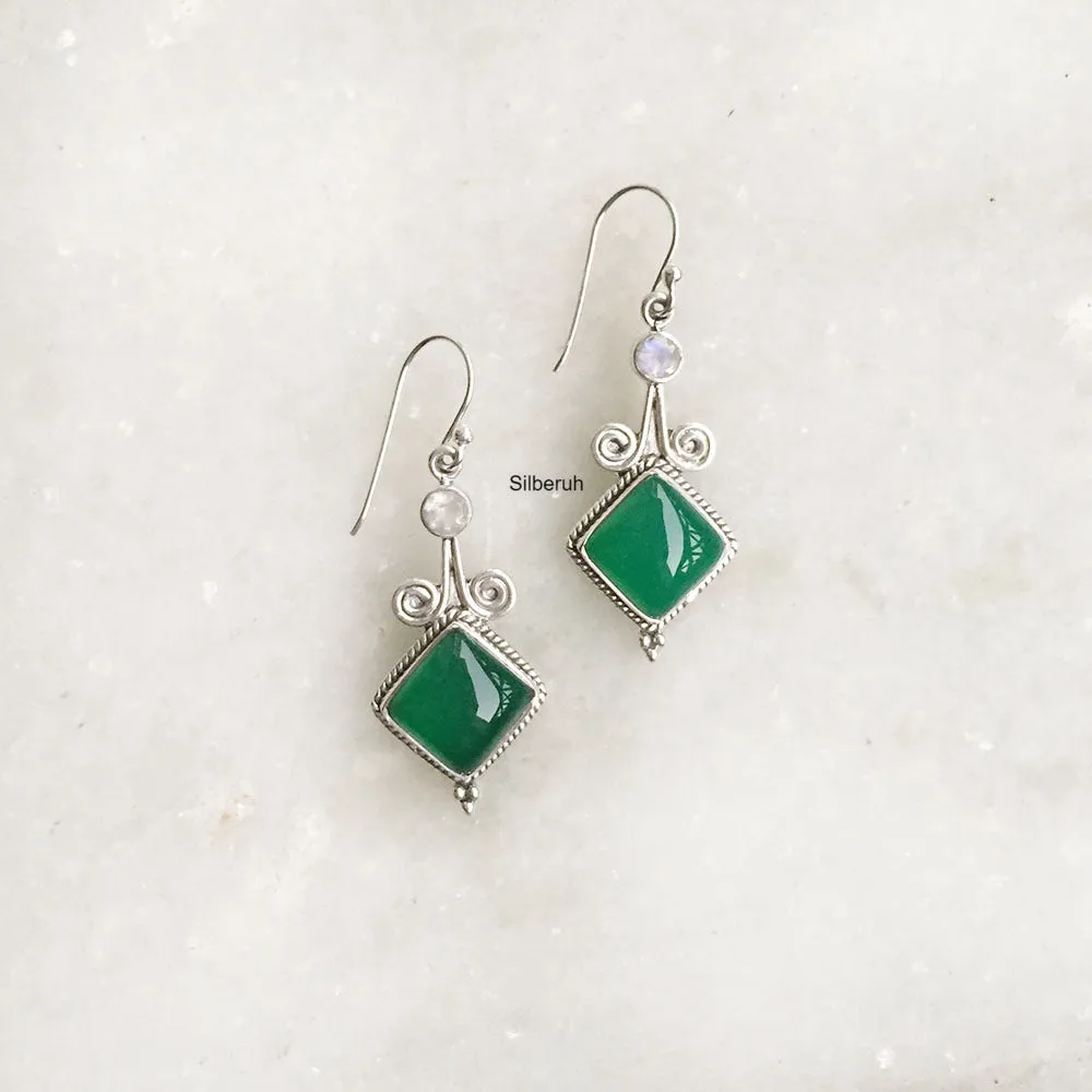 Rainbow Moonstone & Green Onyx Patang Silver Earring