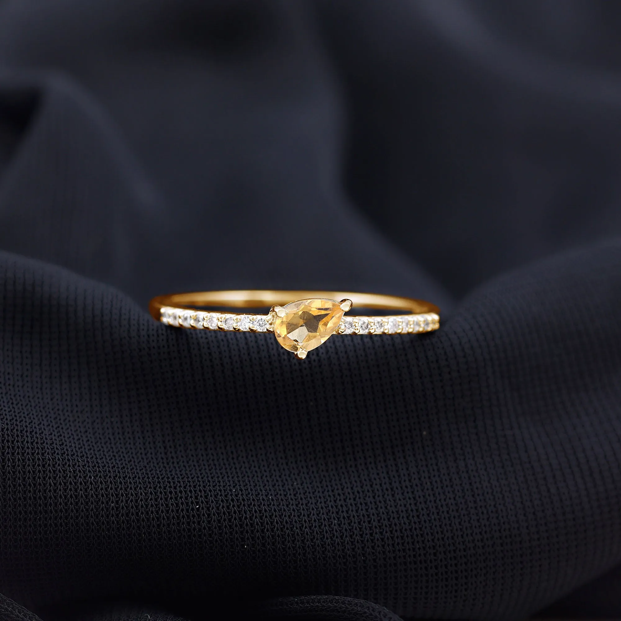 Real Citrine Solitaire Promise Ring with Diamond Side Stones
