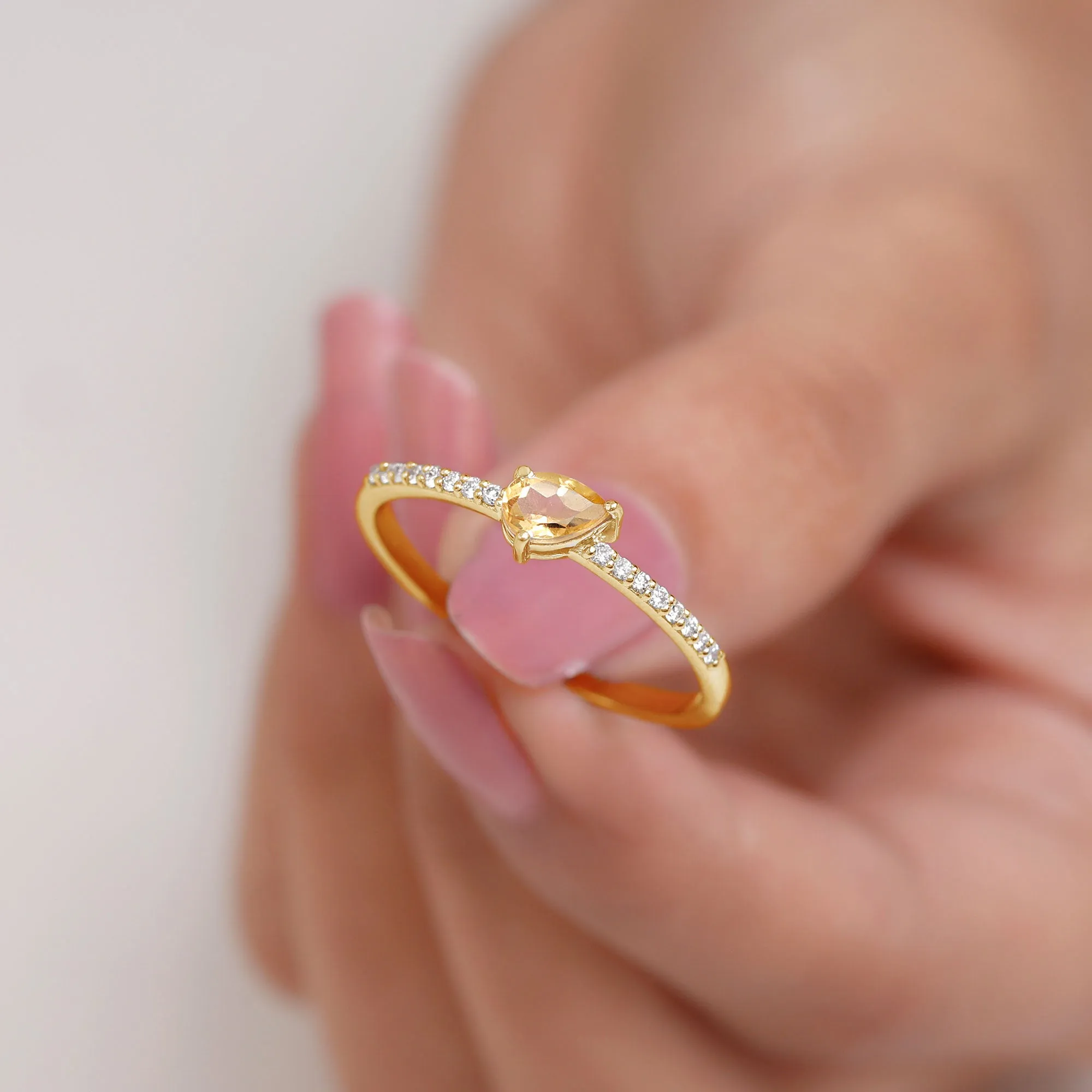 Real Citrine Solitaire Promise Ring with Diamond Side Stones
