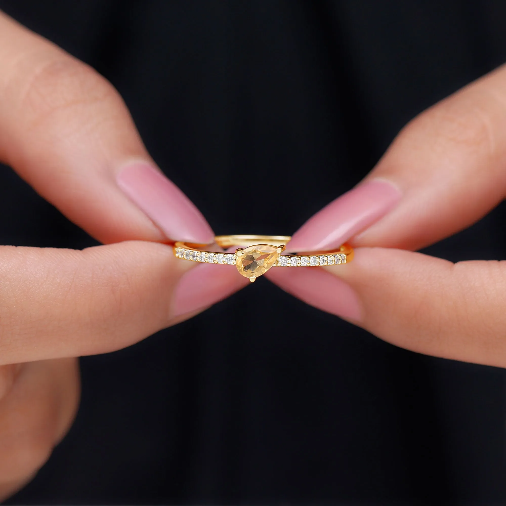 Real Citrine Solitaire Promise Ring with Diamond Side Stones
