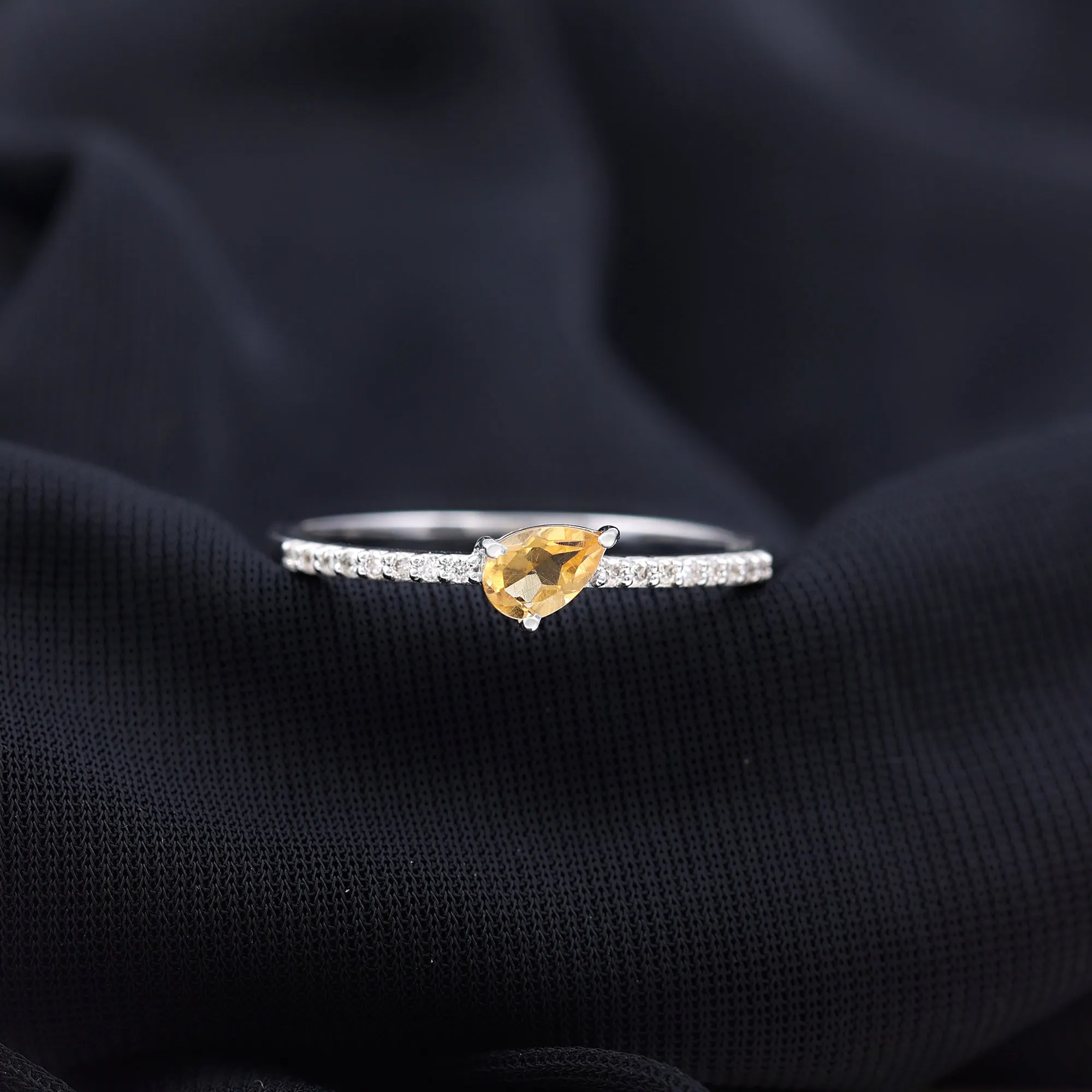 Real Citrine Solitaire Promise Ring with Diamond Side Stones