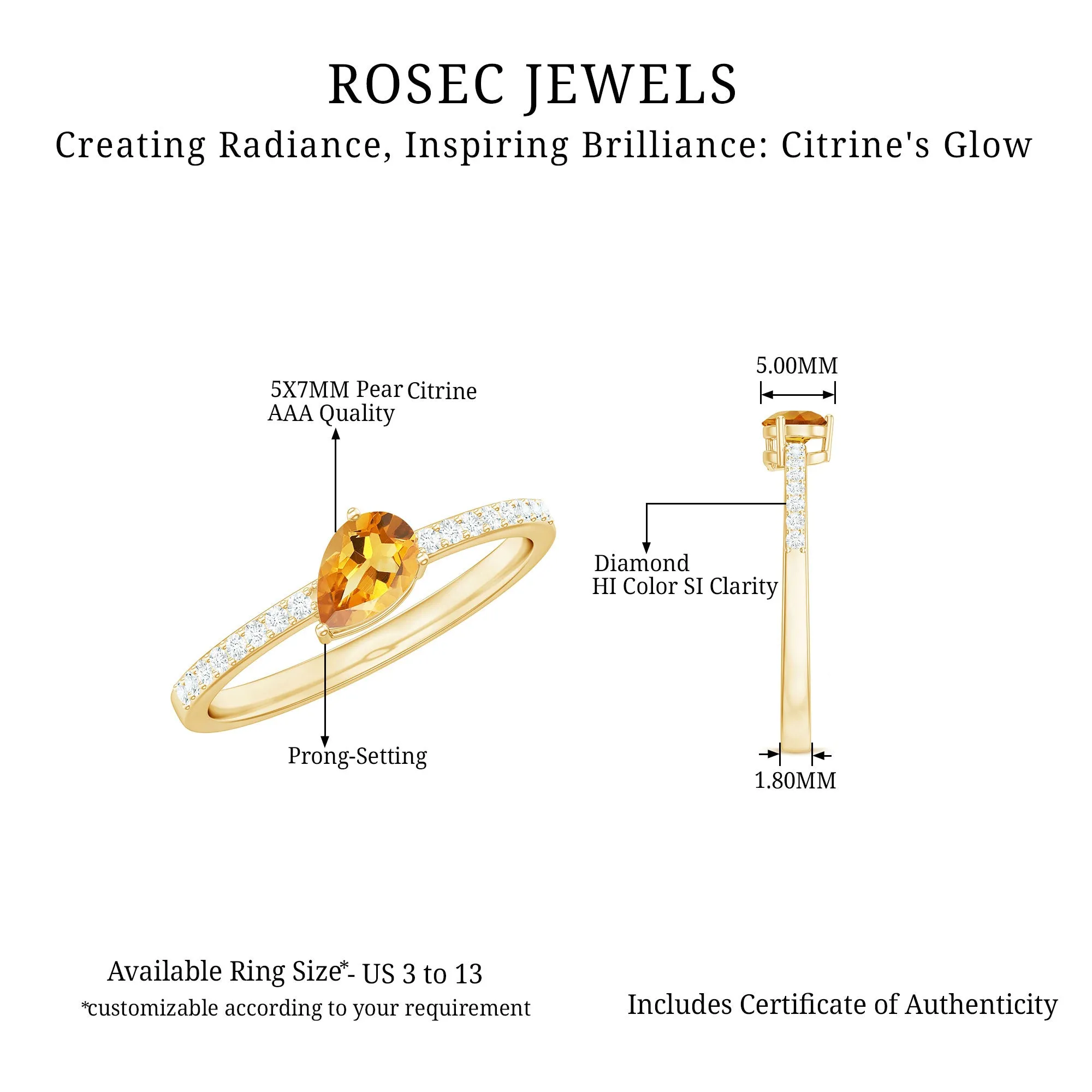 Real Citrine Solitaire Promise Ring with Diamond Side Stones