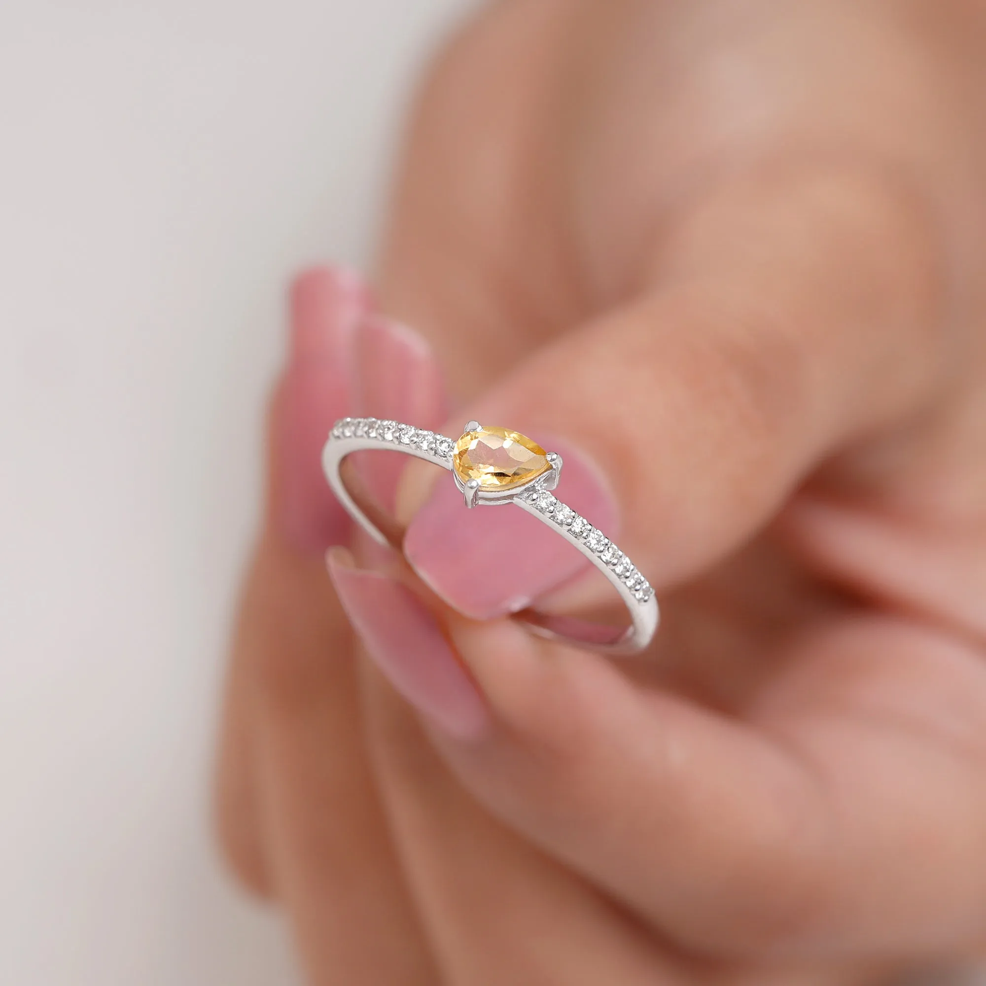 Real Citrine Solitaire Promise Ring with Diamond Side Stones