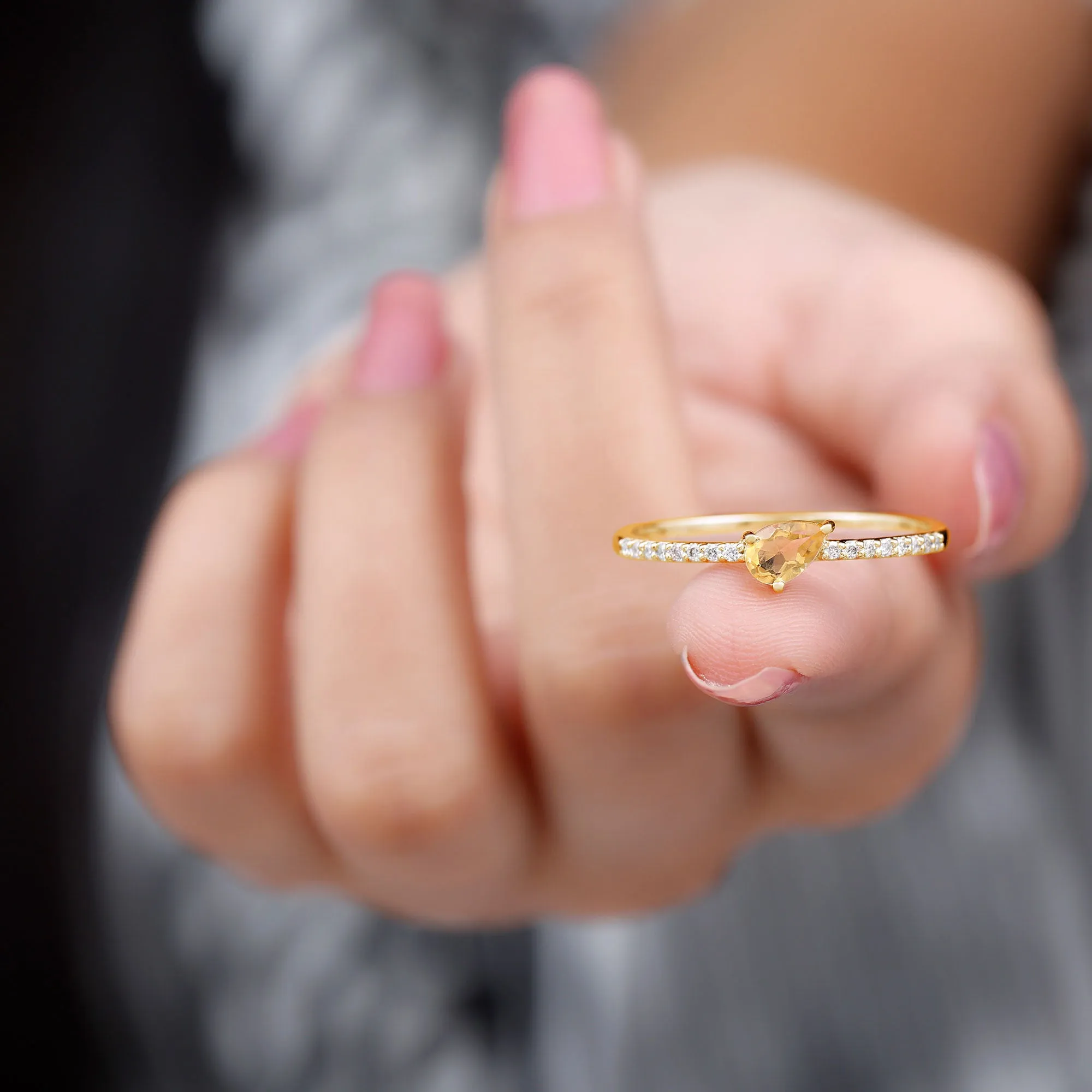 Real Citrine Solitaire Promise Ring with Diamond Side Stones