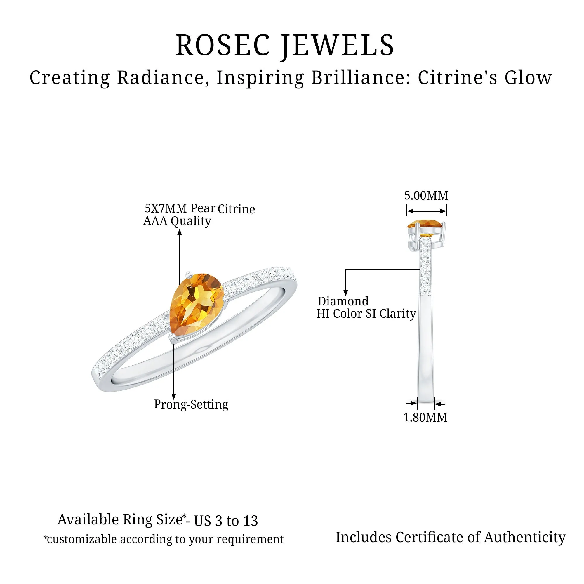 Real Citrine Solitaire Promise Ring with Diamond Side Stones