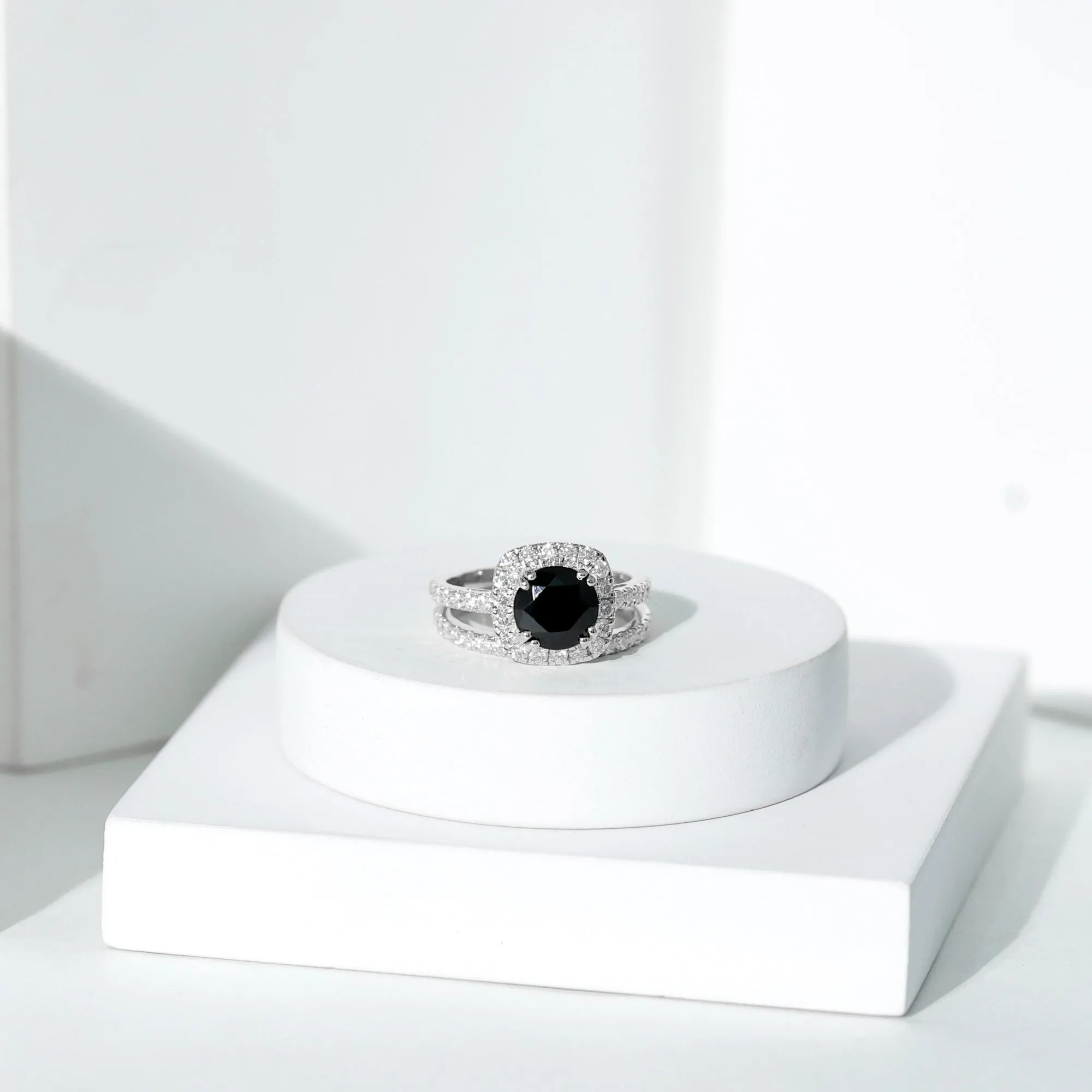 Round Black Onyx Classic Halo Ring Set with Moissanite