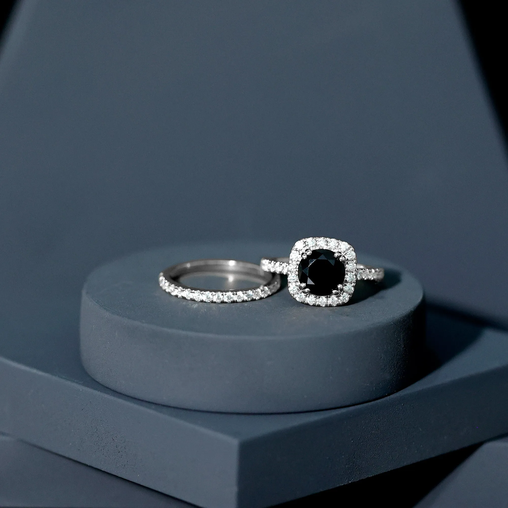 Round Black Onyx Classic Halo Ring Set with Moissanite