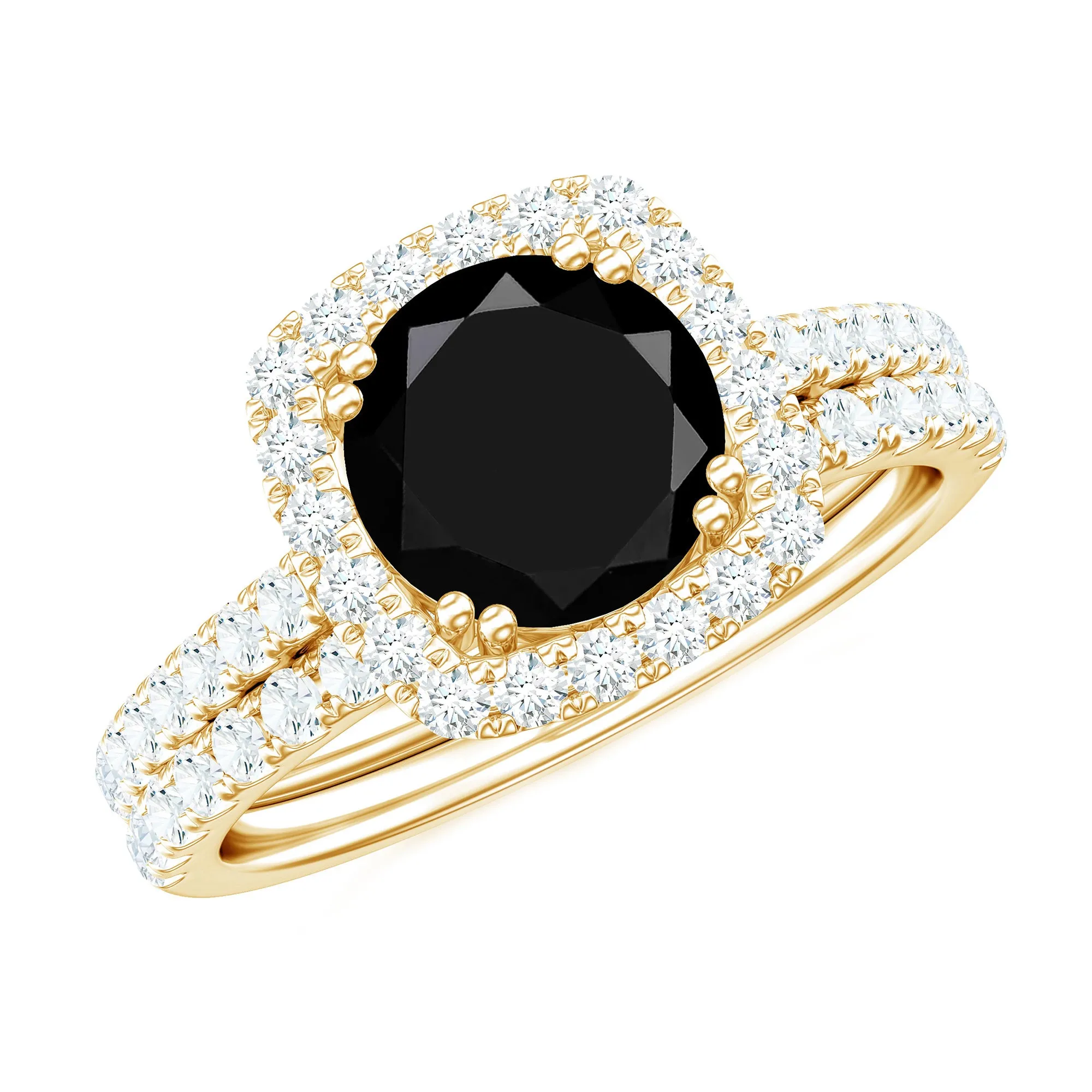 Round Black Onyx Classic Halo Ring Set with Moissanite