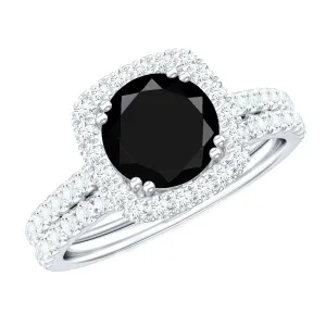 Round Black Onyx Classic Halo Ring Set with Moissanite