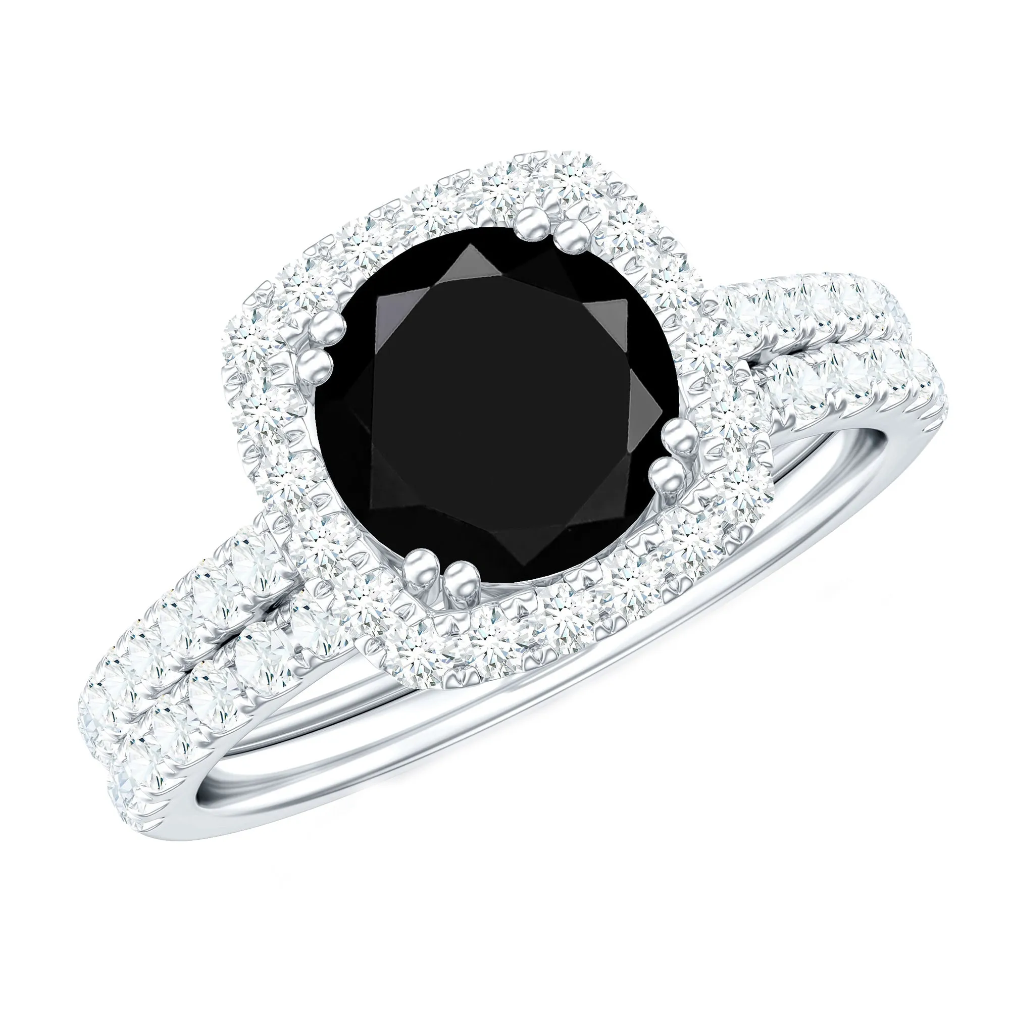 Round Black Onyx Classic Halo Ring Set with Moissanite