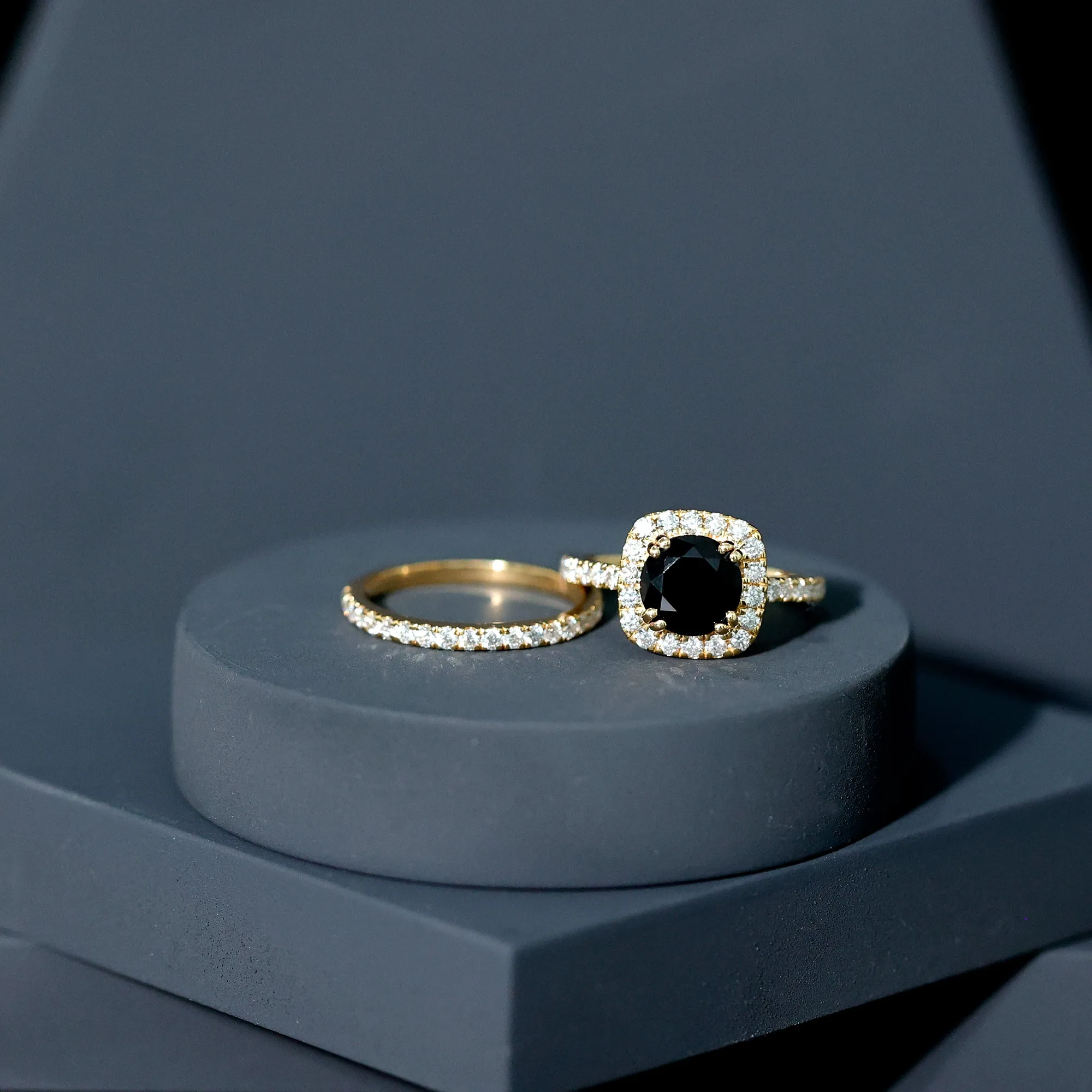 Round Black Onyx Classic Halo Ring Set with Moissanite